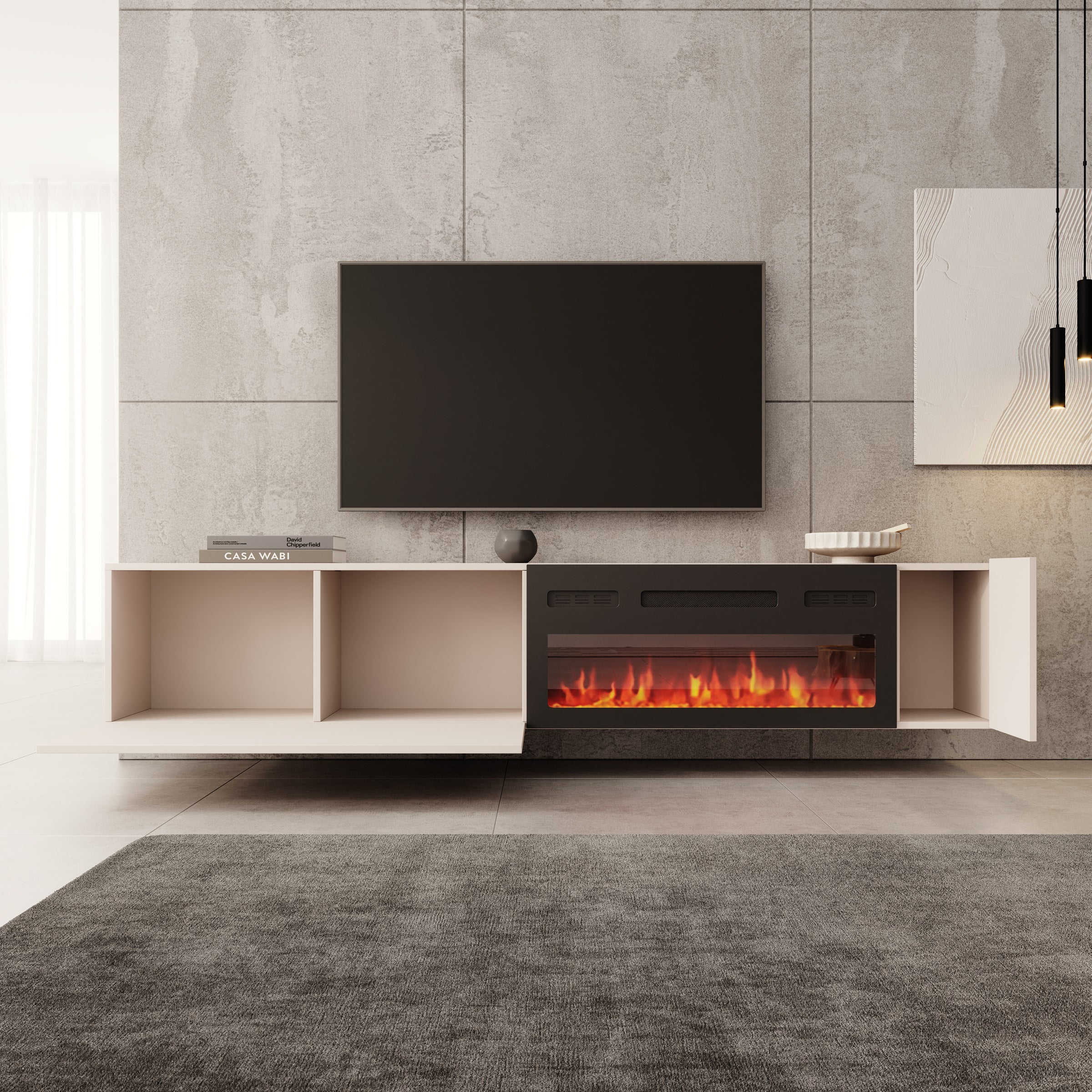 Cruzar - TV-Meubel met sfeerhaard - Beige - 200x30x38 cm - Image 2