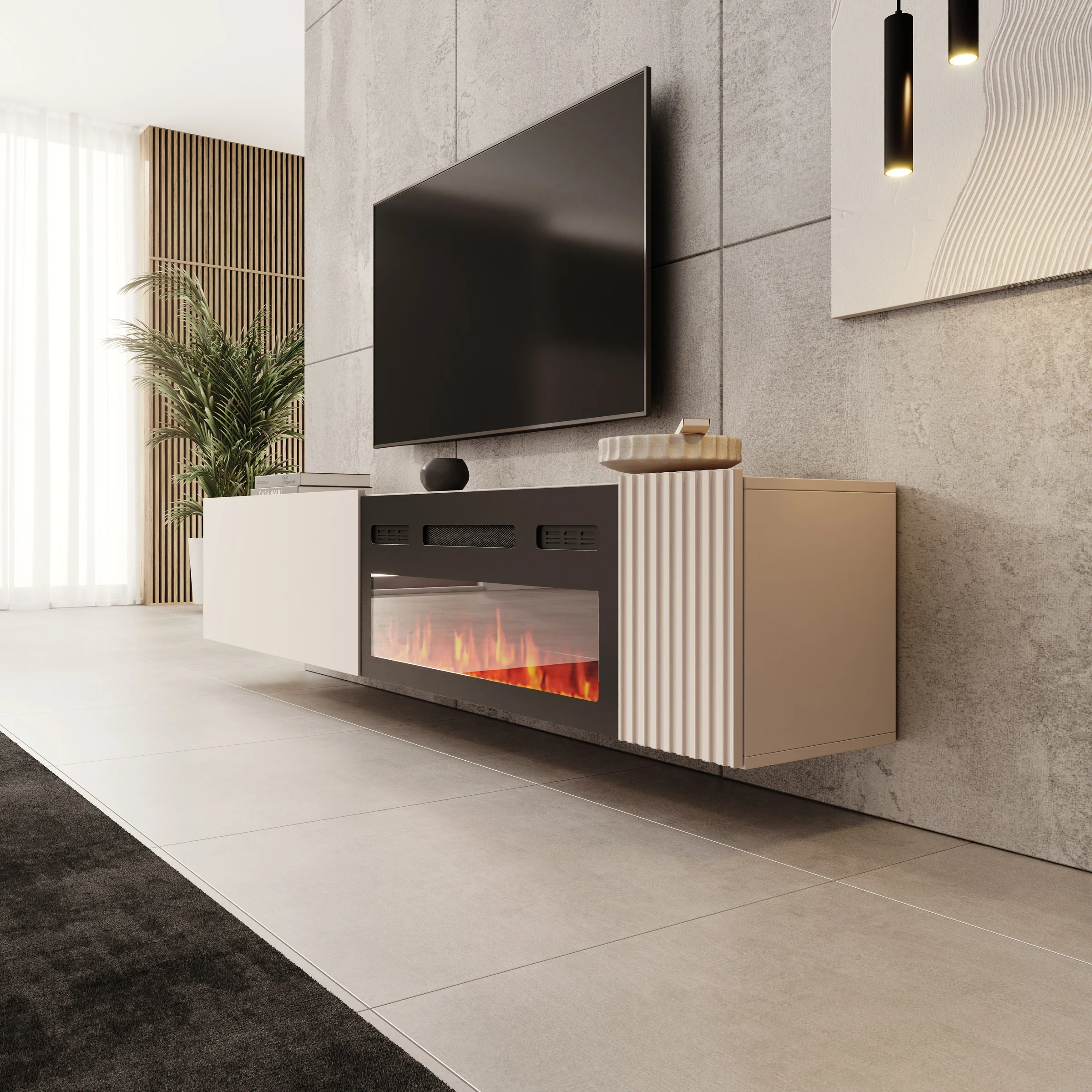 Cruzar - TV-Meubel met sfeerhaard - Beige - 200x30x38 cm - Image 4