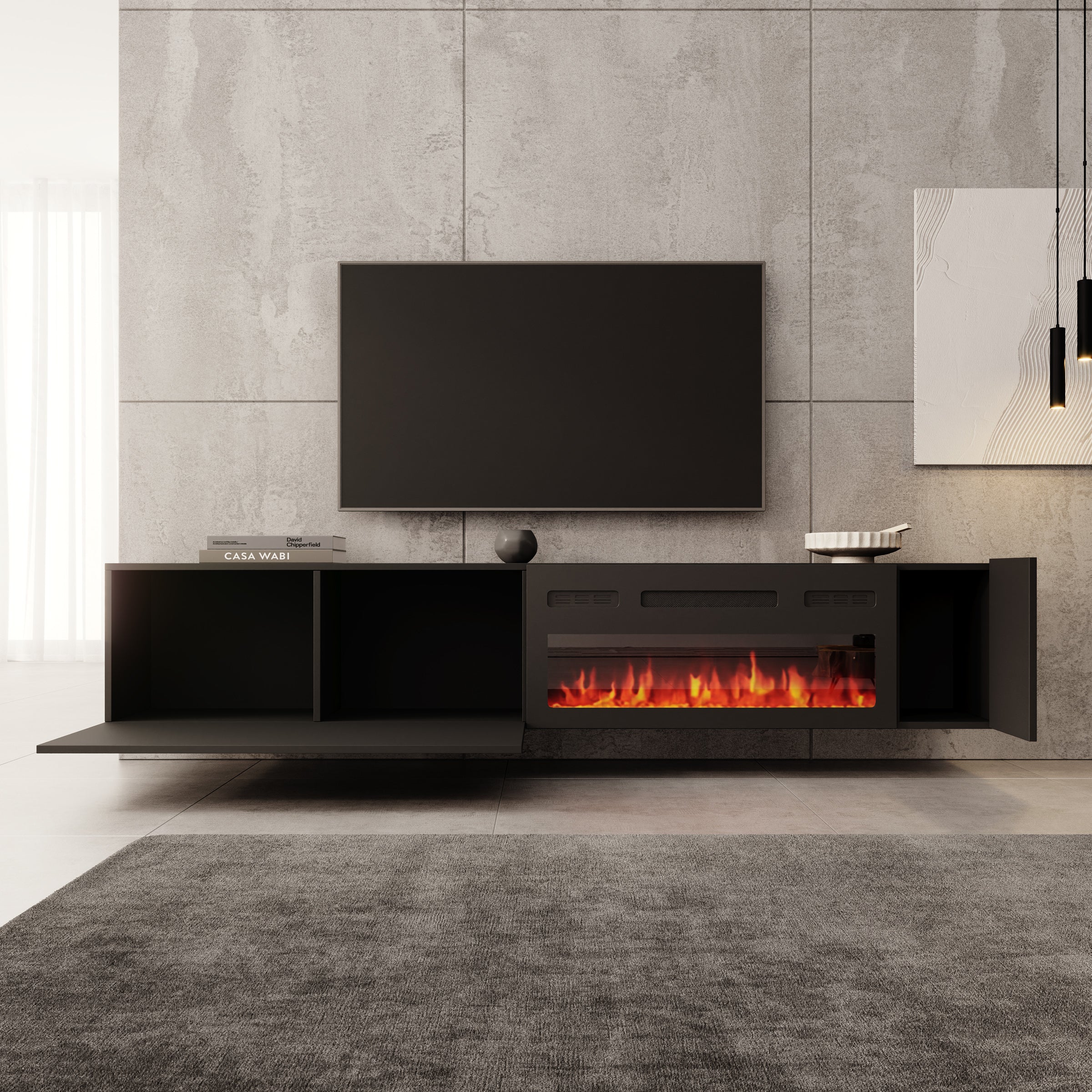 Cruzar - TV-Meubel met sfeerhaard - Zwart - 200x30x38 cm - Image 2