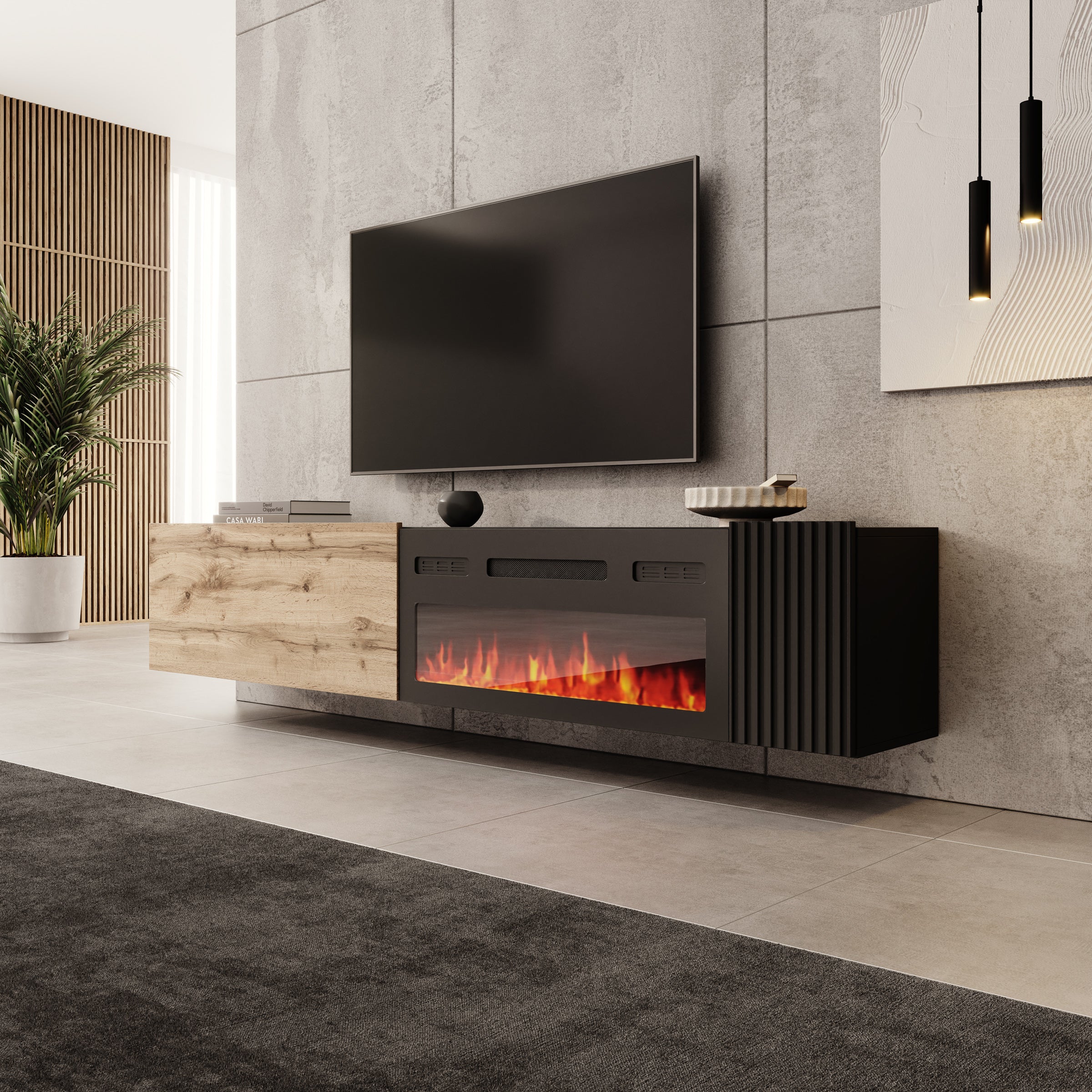 Cruzar - TV-Meubel met sfeerhaard - Zwart/Eikenlook - 200x30x38 cm
