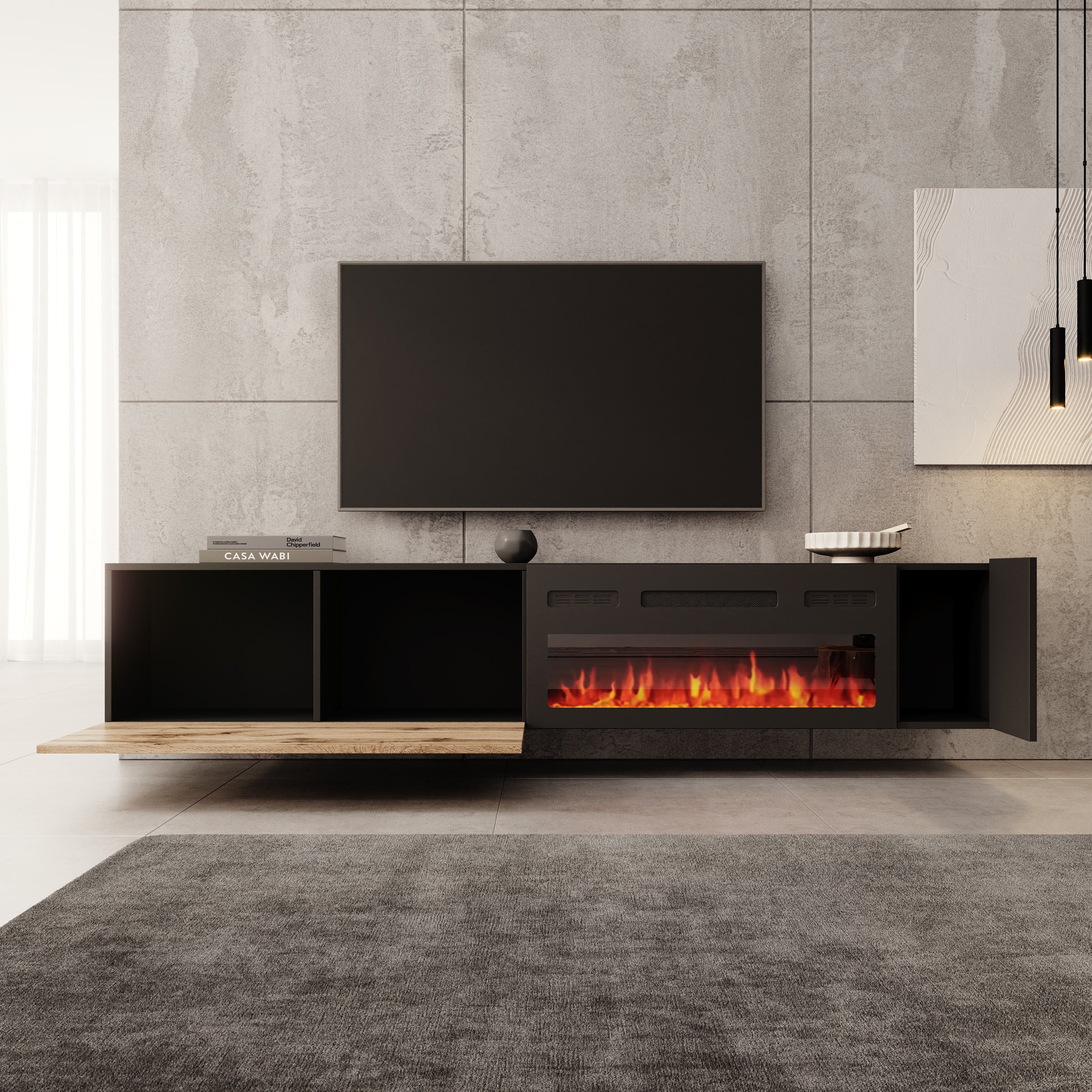 Cruzar - TV-Meubel met sfeerhaard - Zwart/Eikenlook - 200x30x38 cm - Image 2