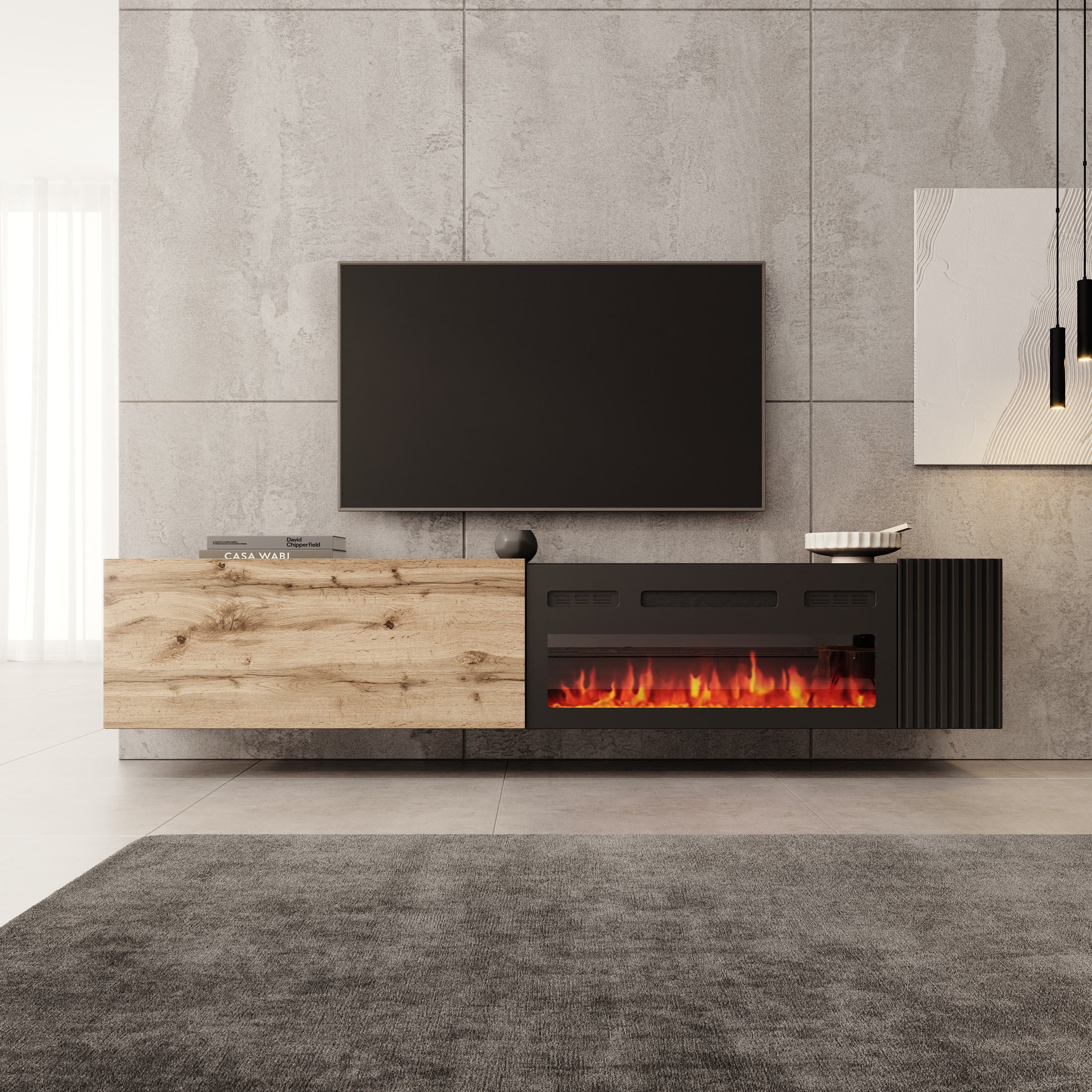 Cruzar - TV-Meubel met sfeerhaard - Zwart/Eikenlook - 200x30x38 cm - Image 3