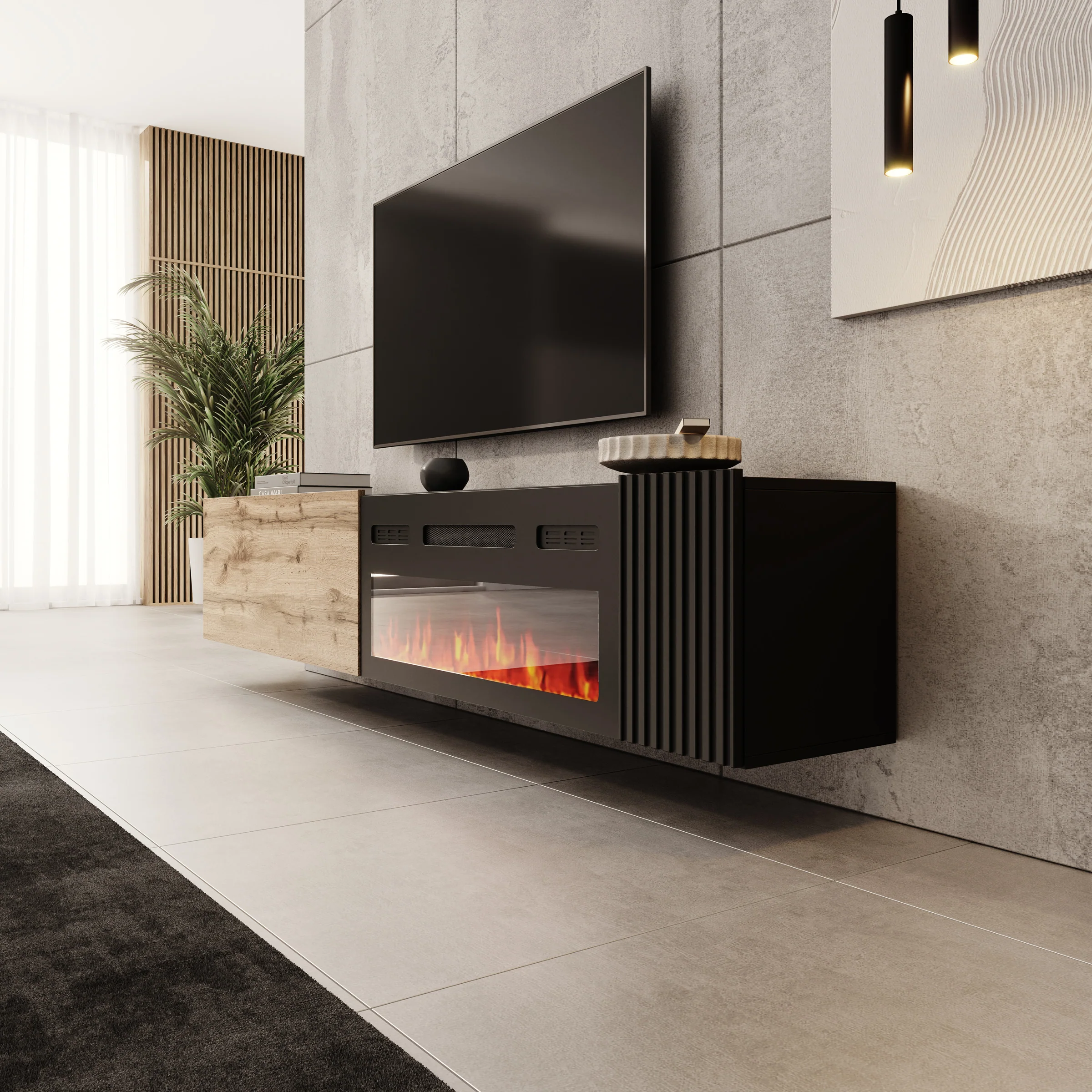 Cruzar - TV-Meubel met sfeerhaard - Zwart/Eikenlook - 200x30x38 cm - Image 4