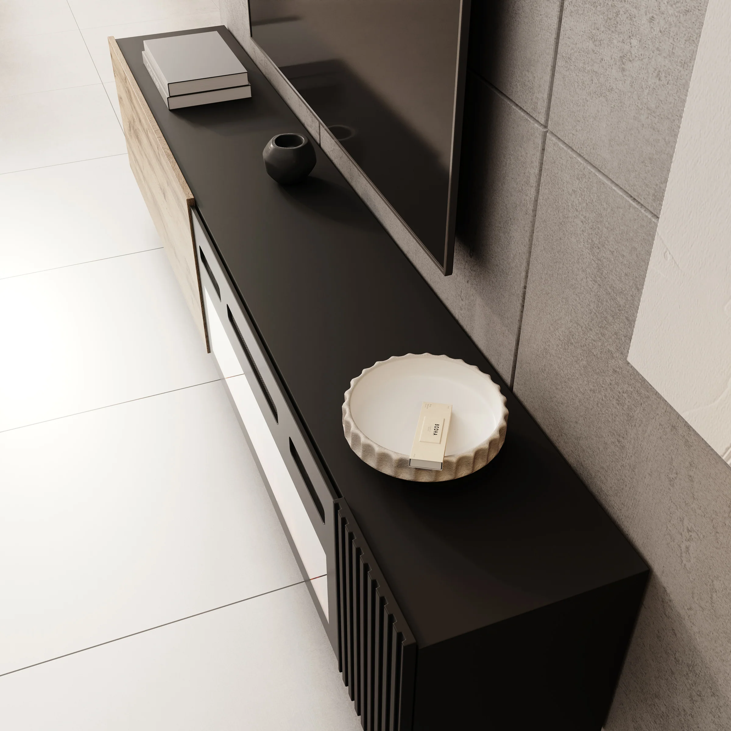 Cruzar - TV-Meubel met sfeerhaard - Zwart/Eikenlook - 200x30x38 cm - Image 5