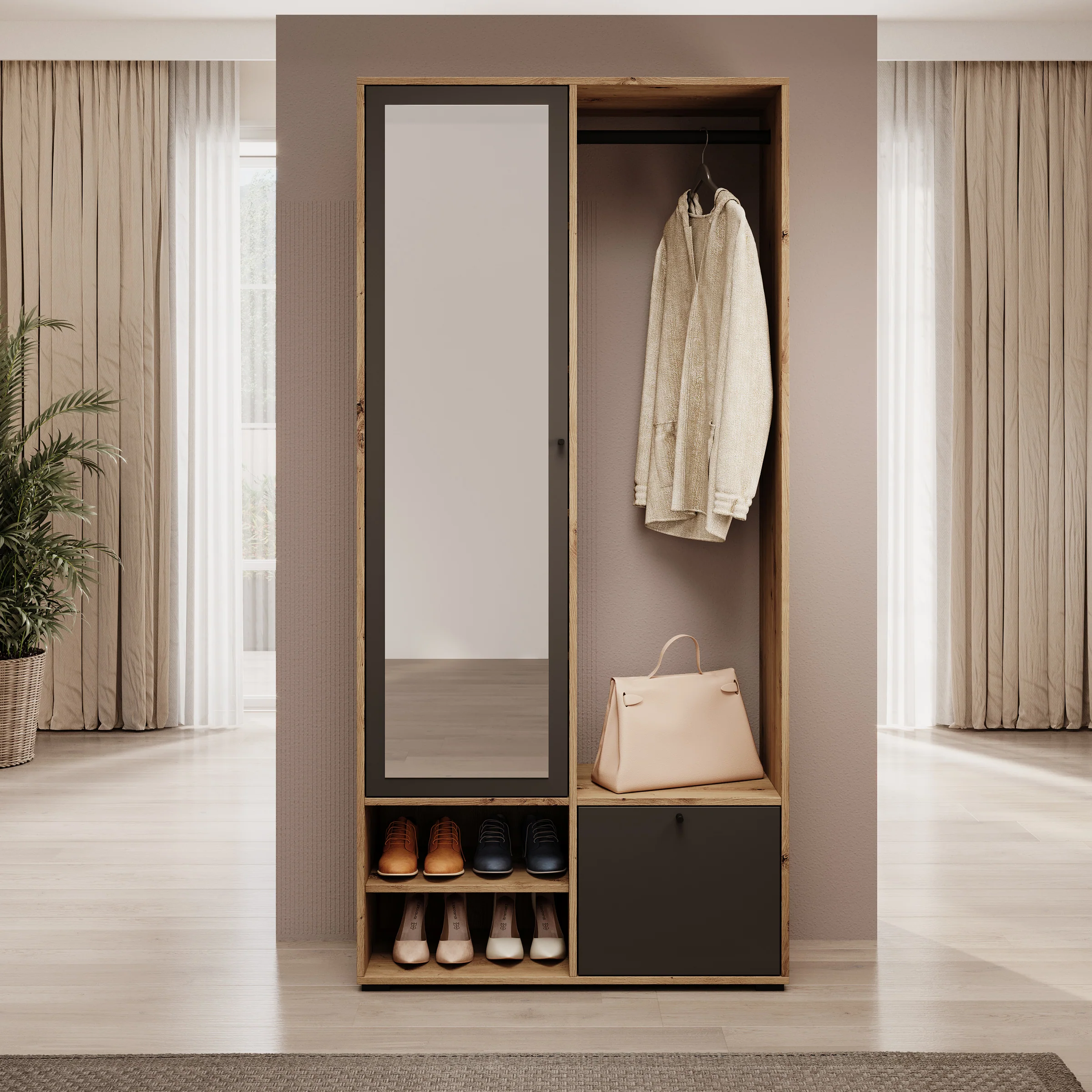 Deacon - Halkast met 2 deuren - Eiken/Zwart - 90x33x190 cm - Image 3