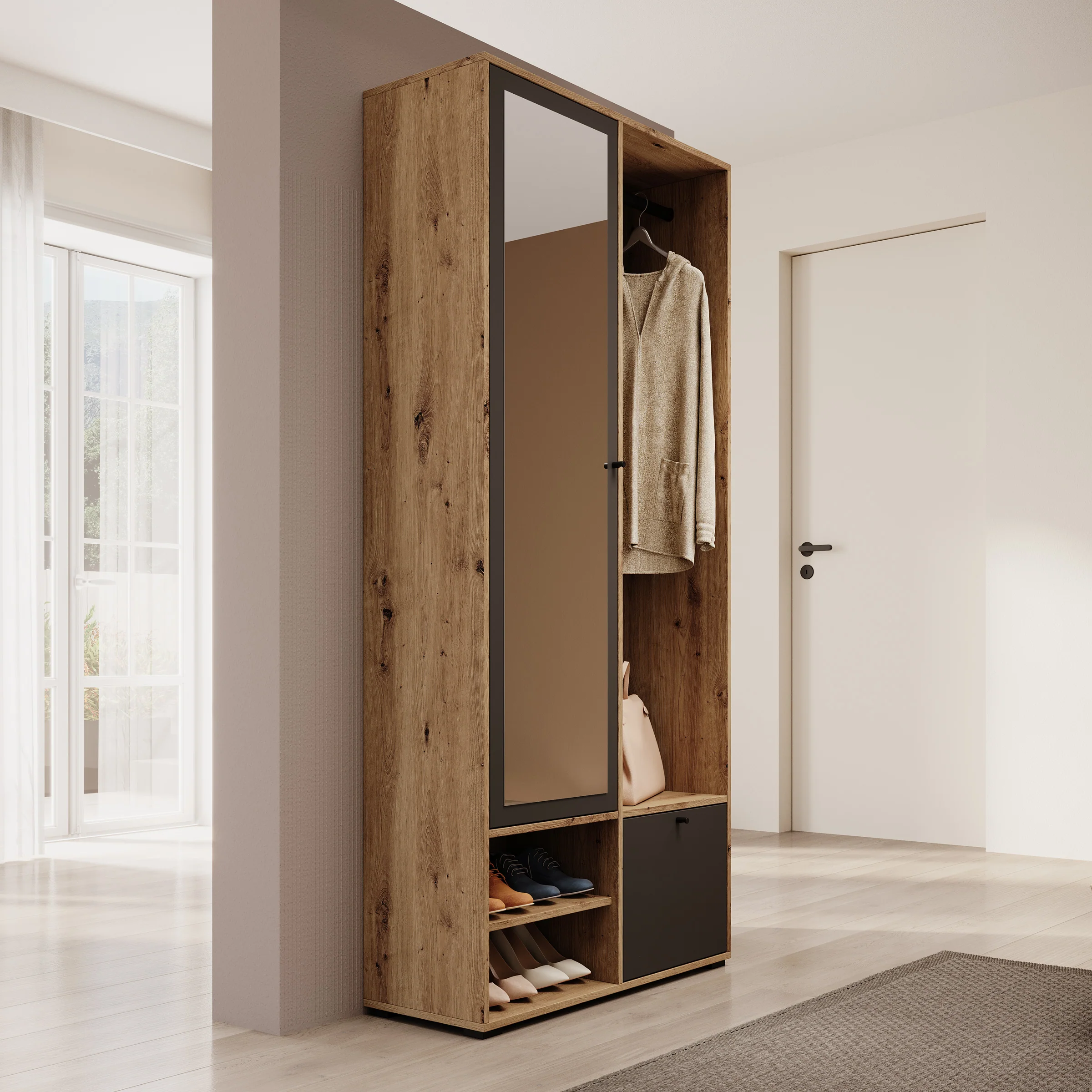 Deacon - Halkast met 2 deuren - Eiken/Zwart - 90x33x190 cm - Image 4