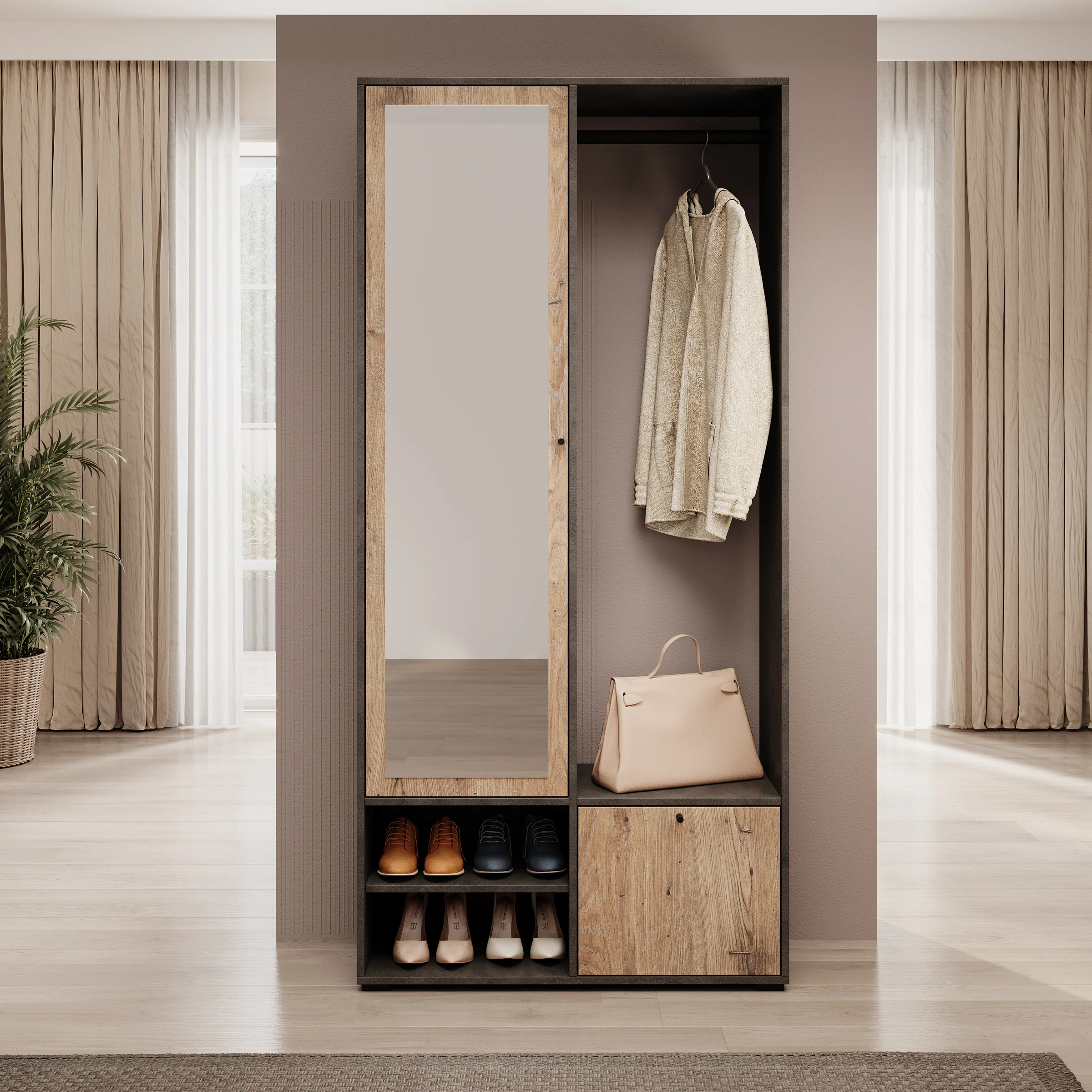 Deacon - Halkast met 2 deuren - Grijs/Eiken - 90x33x190 cm - Image 3