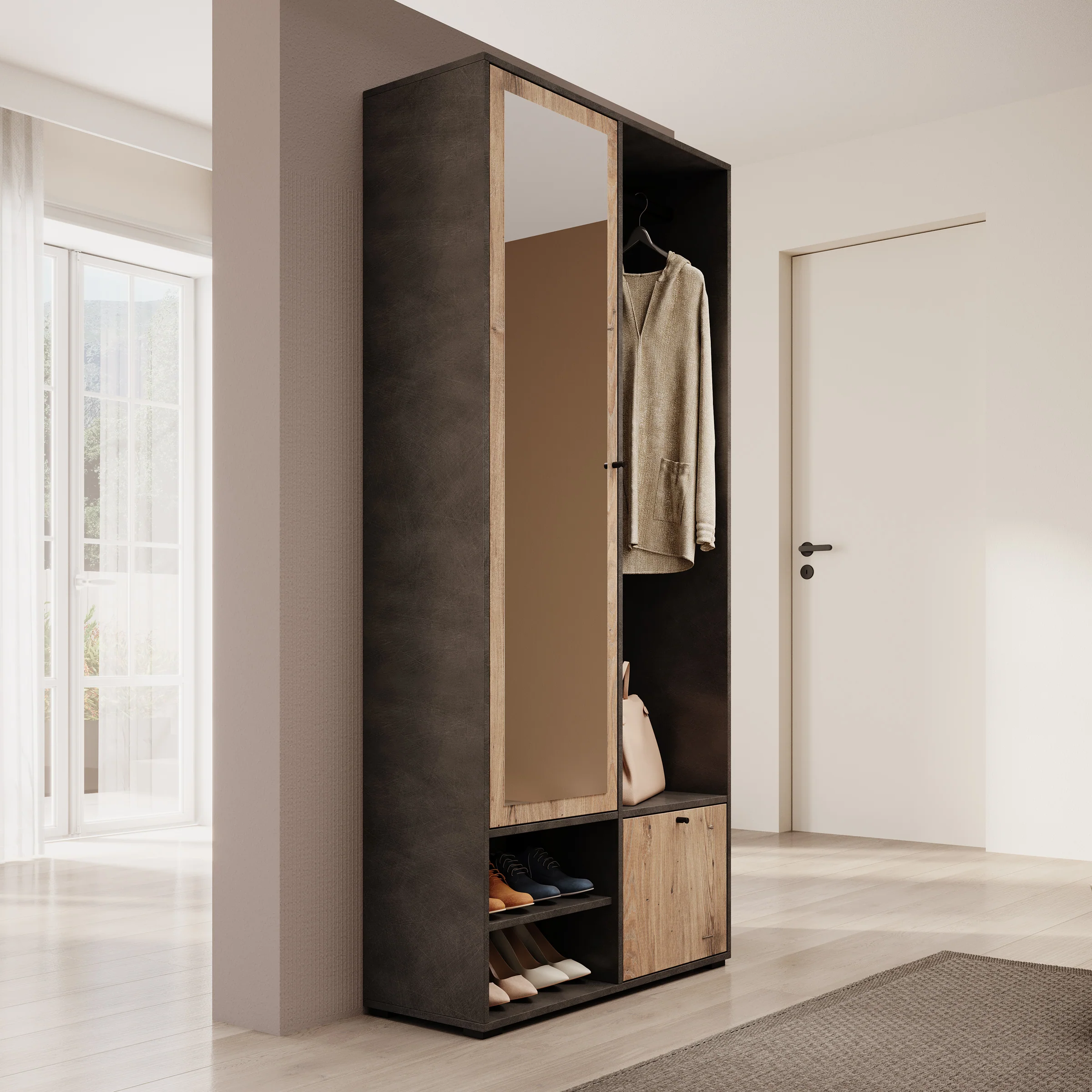 Deacon - Halkast met 2 deuren - Grijs/Eiken - 90x33x190 cm - Image 4