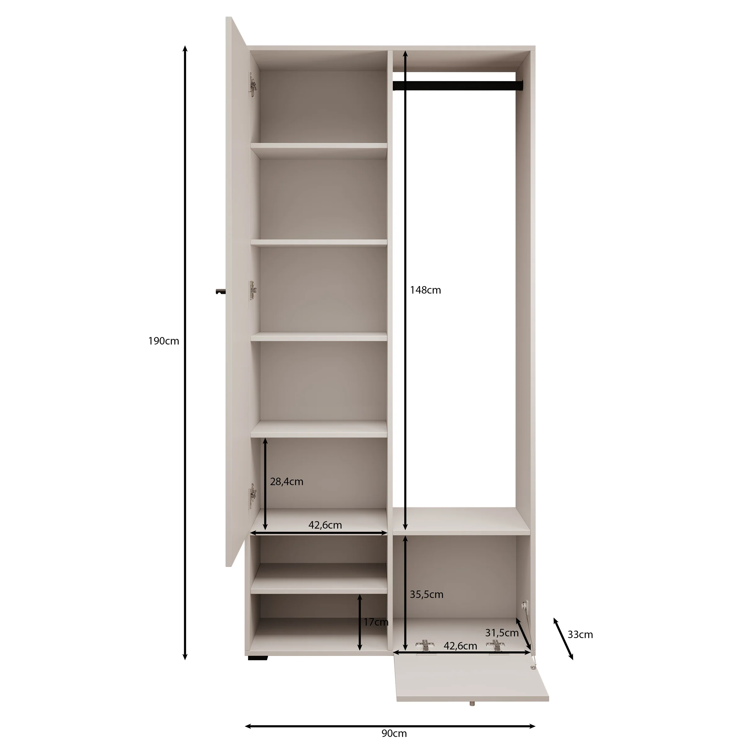 Deacon - Halkast met 2 deuren - Grijs/Eiken - 90x33x190 cm - Image 5
