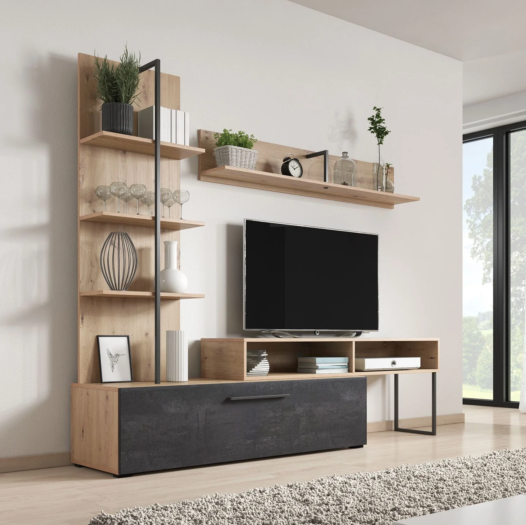 Emerson - Wandmeubel - Zwart/eiken - 205x42x173 cm