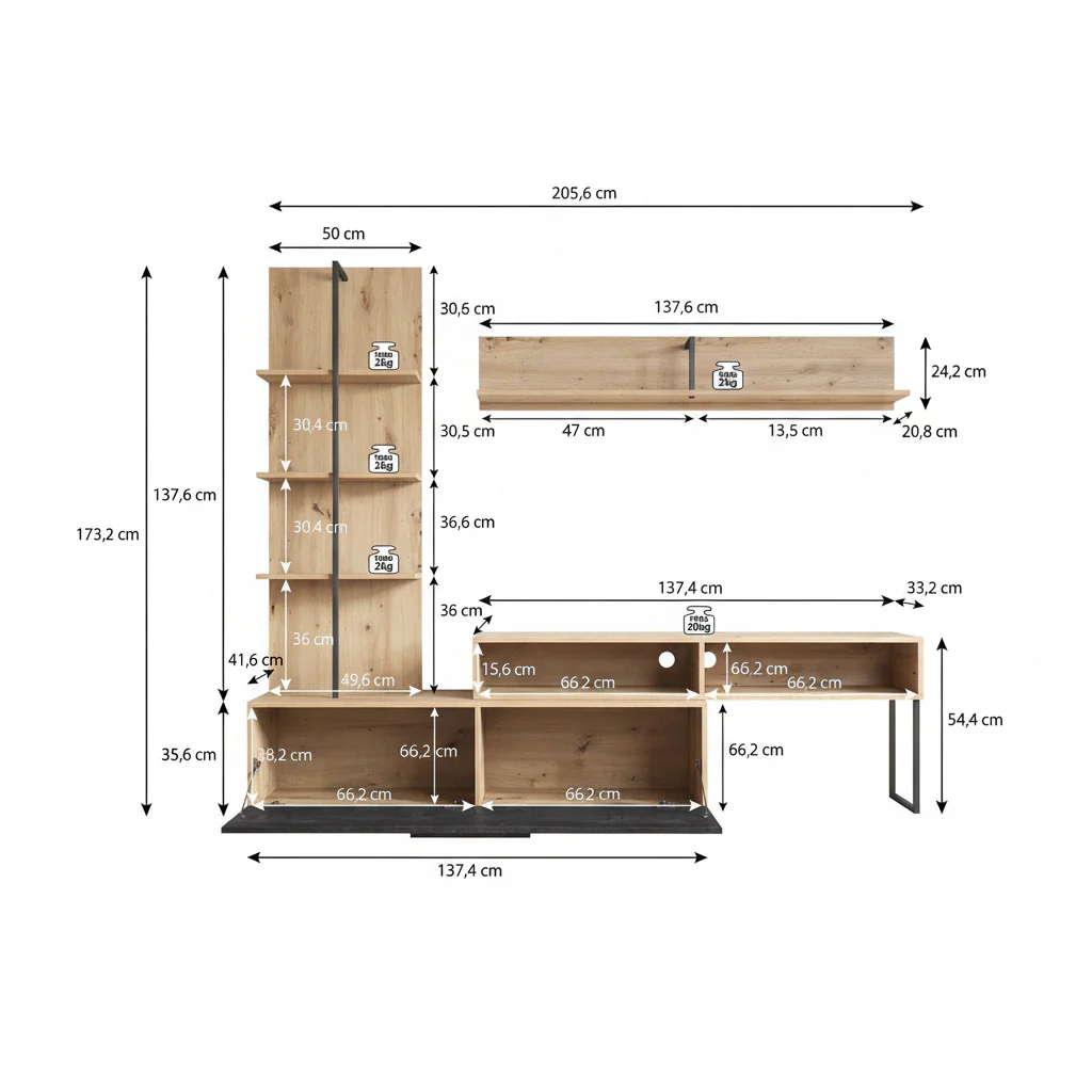 Emerson - Wandmeubel - Zwart/eiken - 205x42x173 cm - Image 5