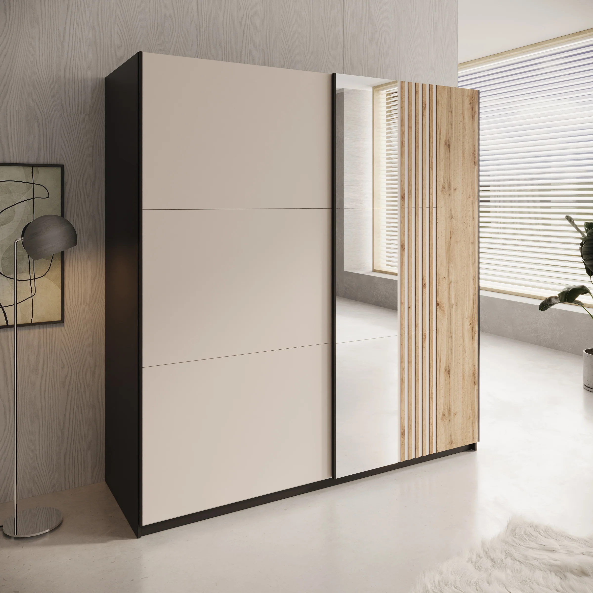 Enso - Kledingkast met schuifdeuren - Beige/Zwart - 203x65x215 cm
