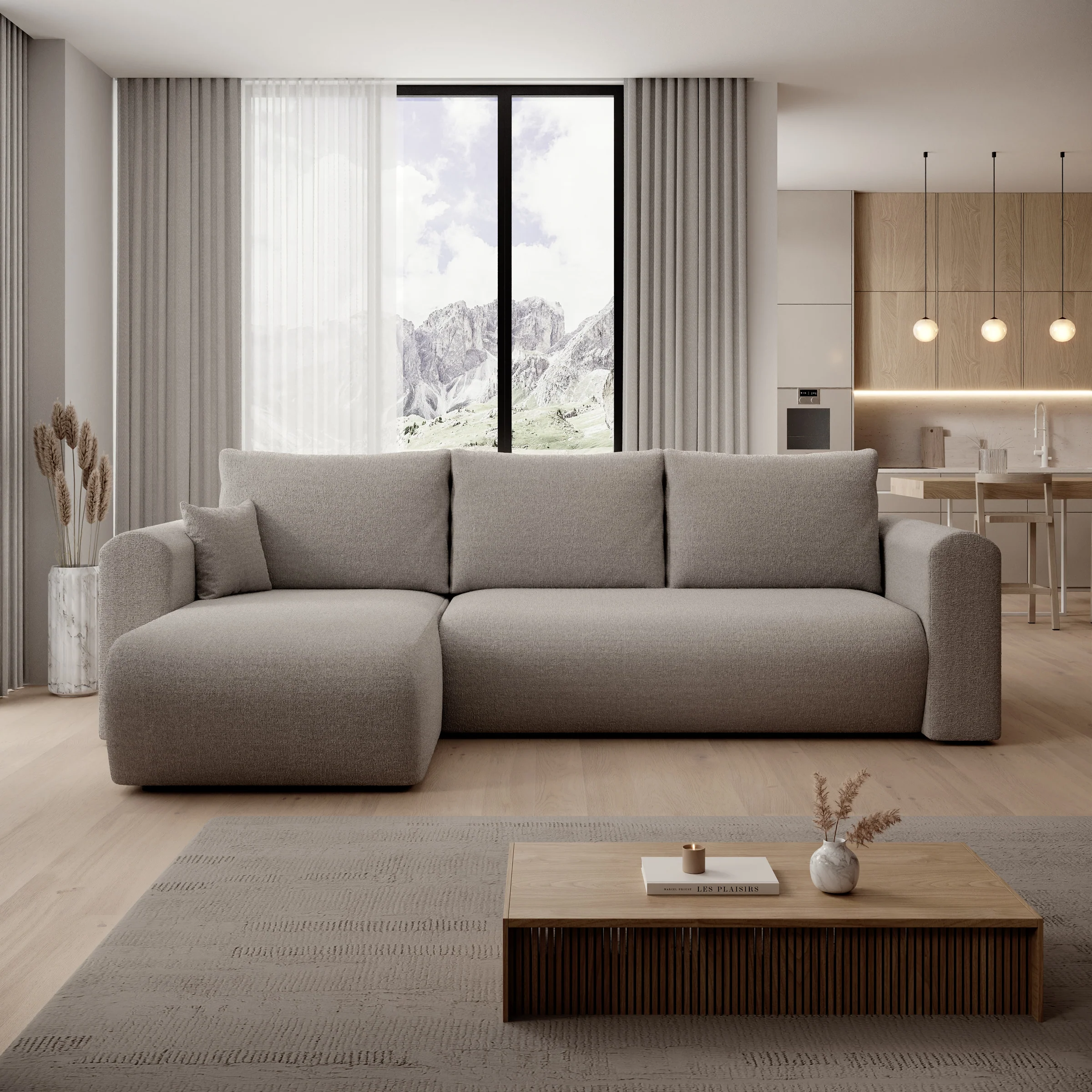 Esencia - Hoekbank 3-zits met chaise longue - Stof beige - 252x158x80 cm - Image 2