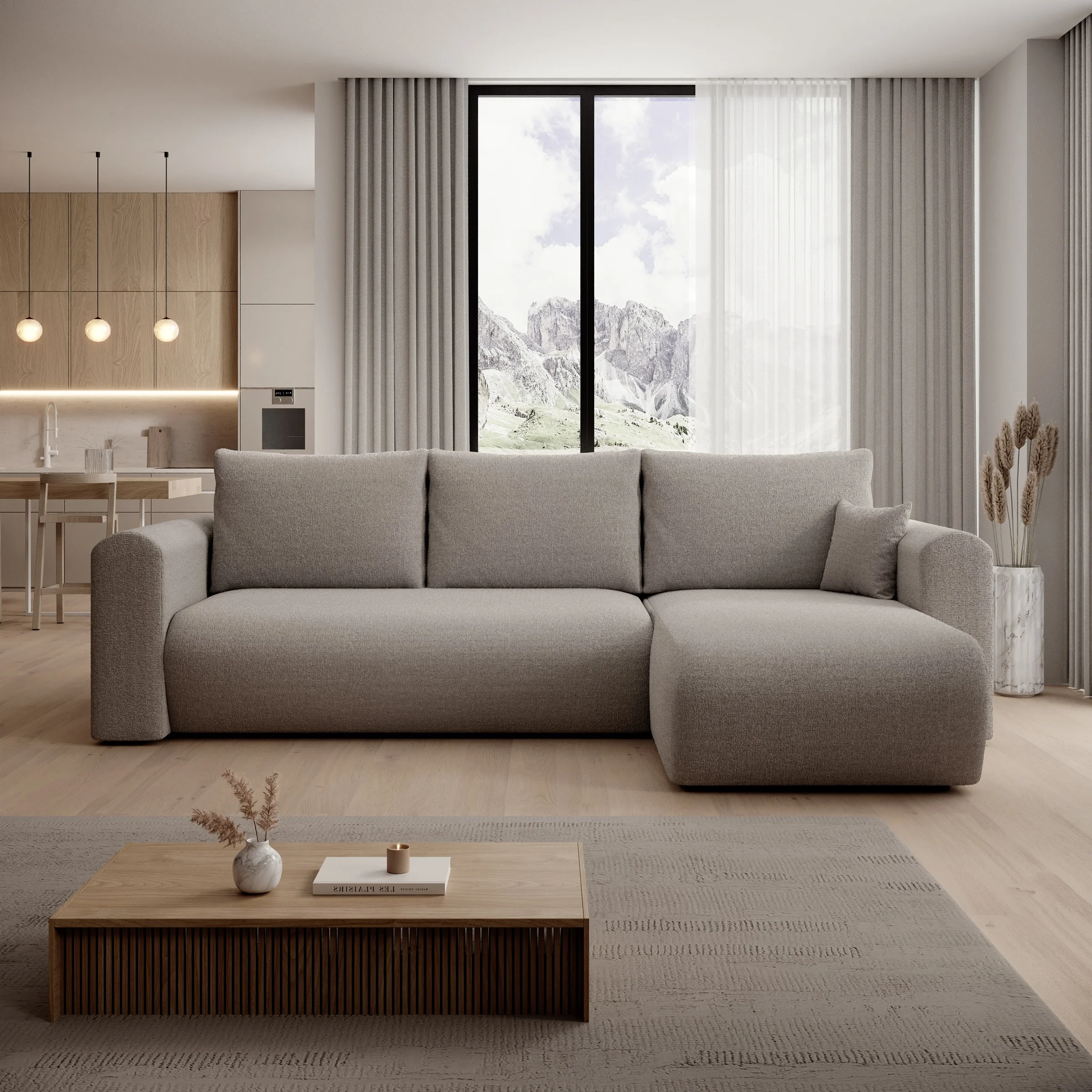 Esencia - Hoekbank 3-zits met chaise longue - Stof beige - 252x158x80 cm - Image 3