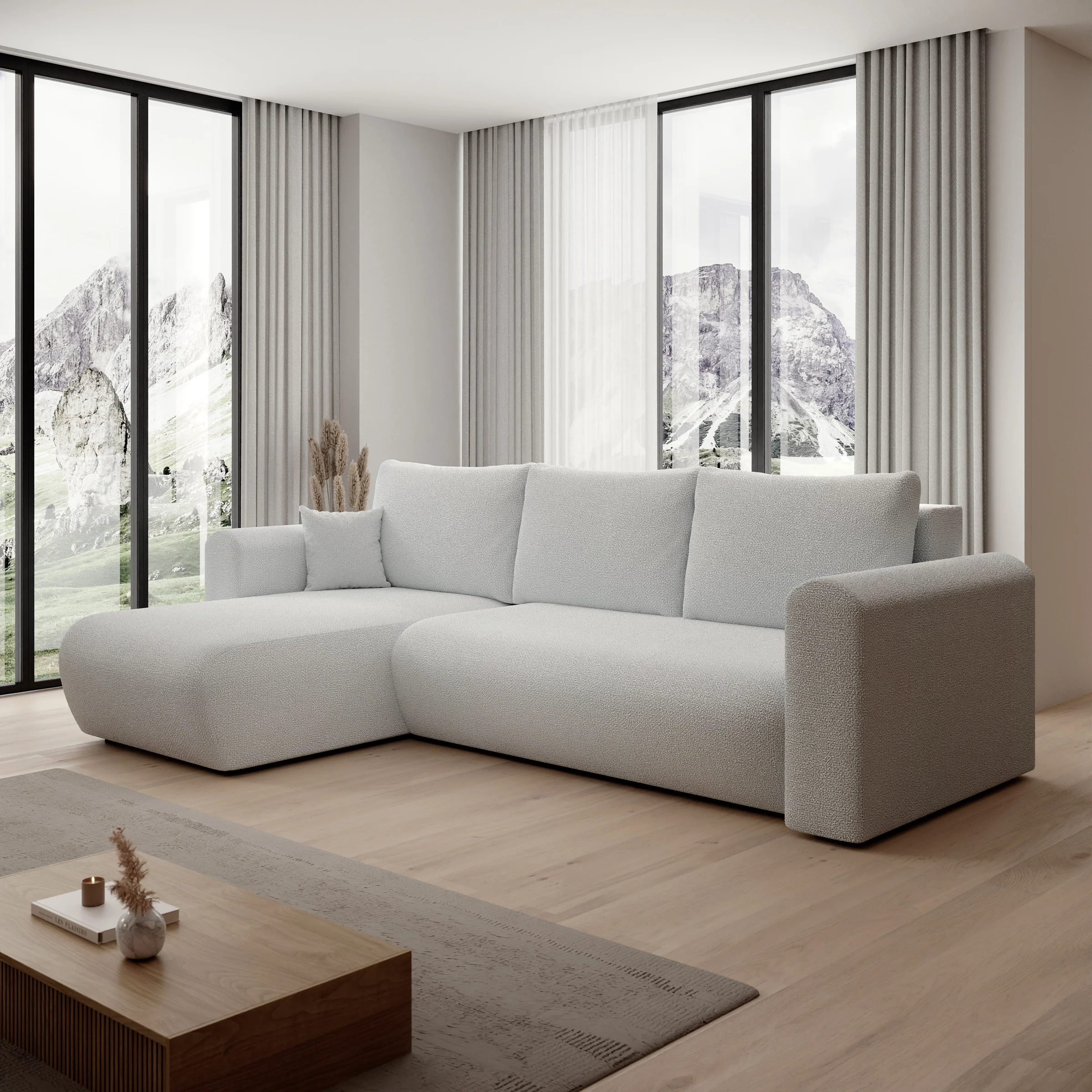 Esencia - Hoekbank 3-zits met chaise longue - Stof grijs - 252x158x80 cm