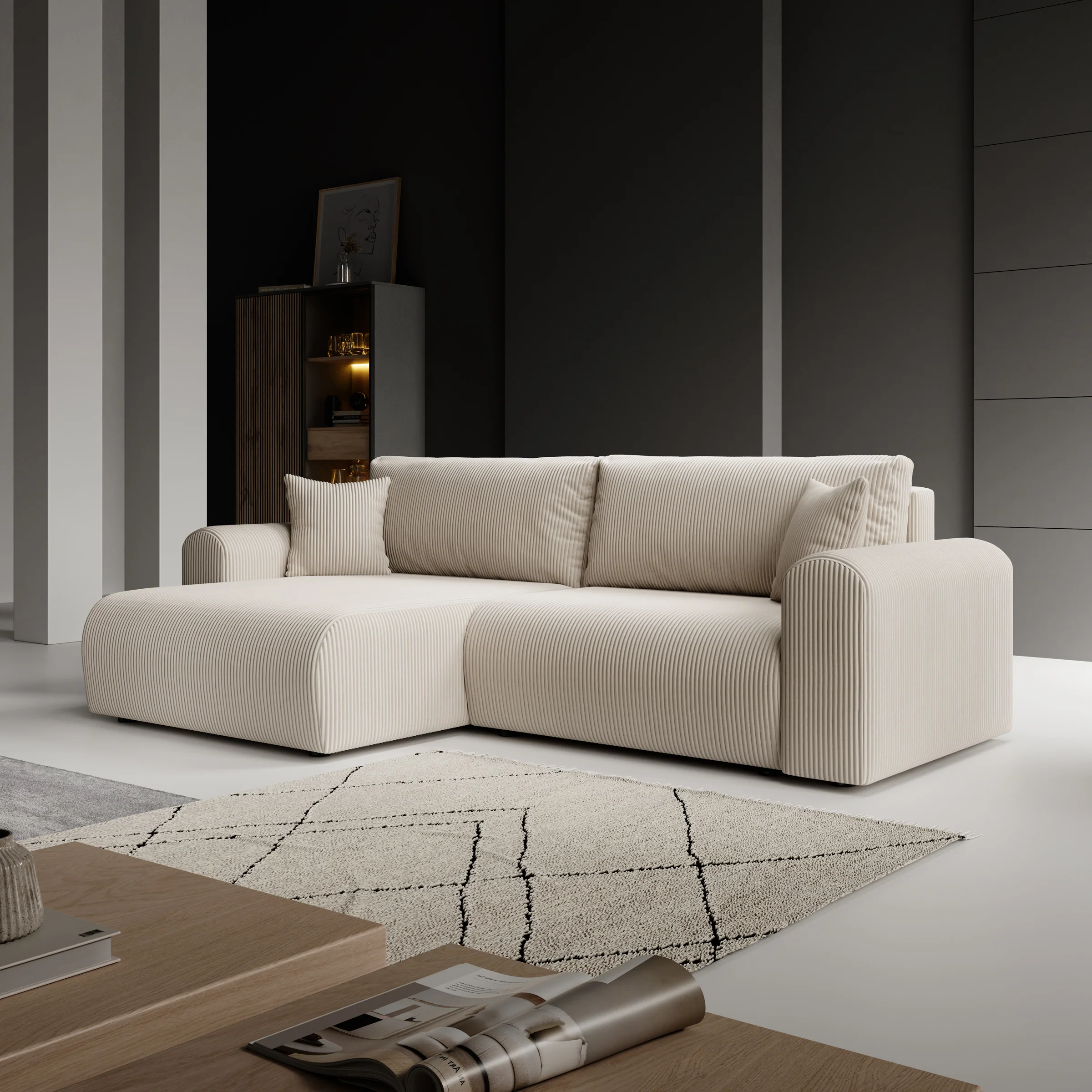 Fayel - Hoekbank 2-zits met chaise longue - Ribstof beige