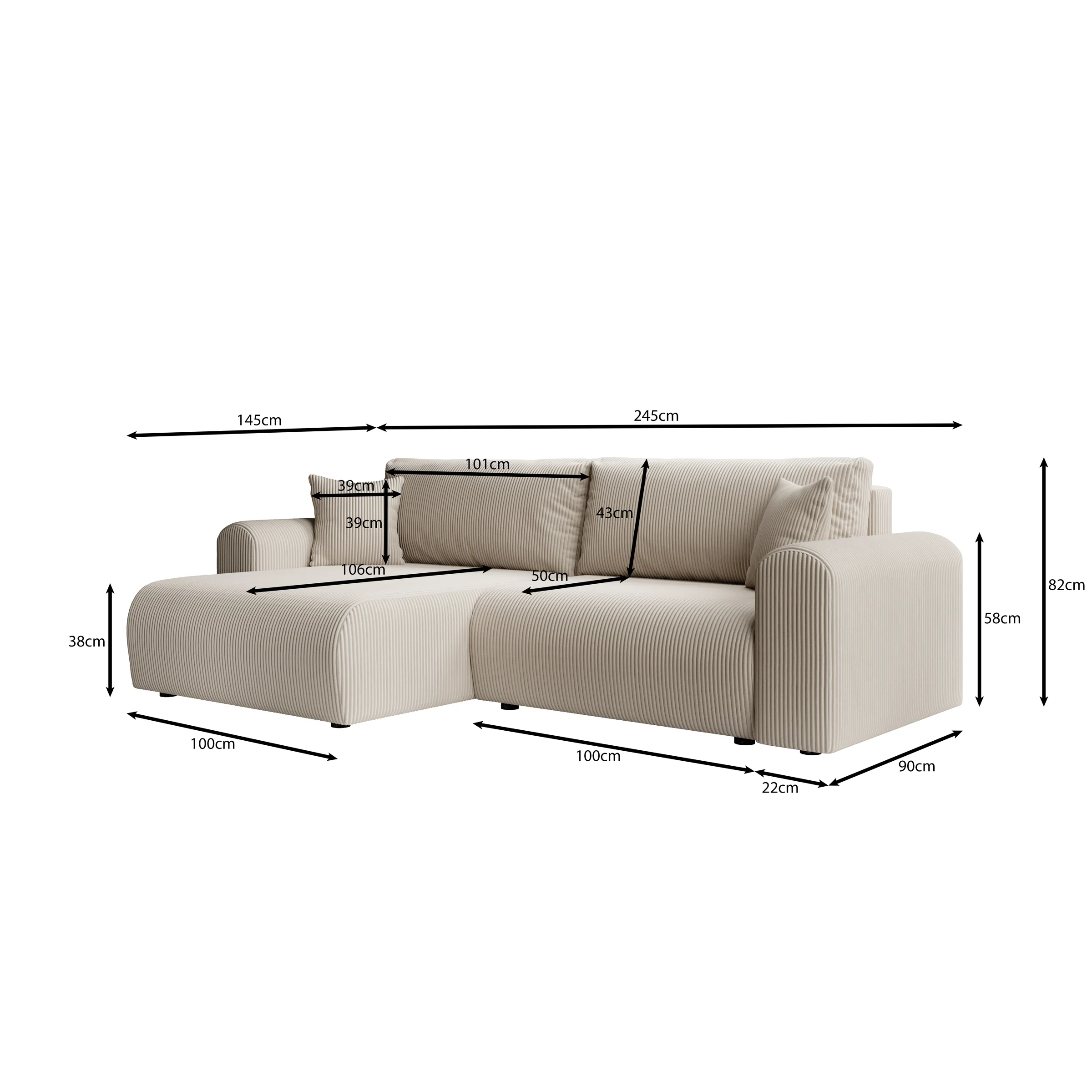 Fayel - Hoekbank 2-zits met chaise longue - Ribstof beige - Image 4