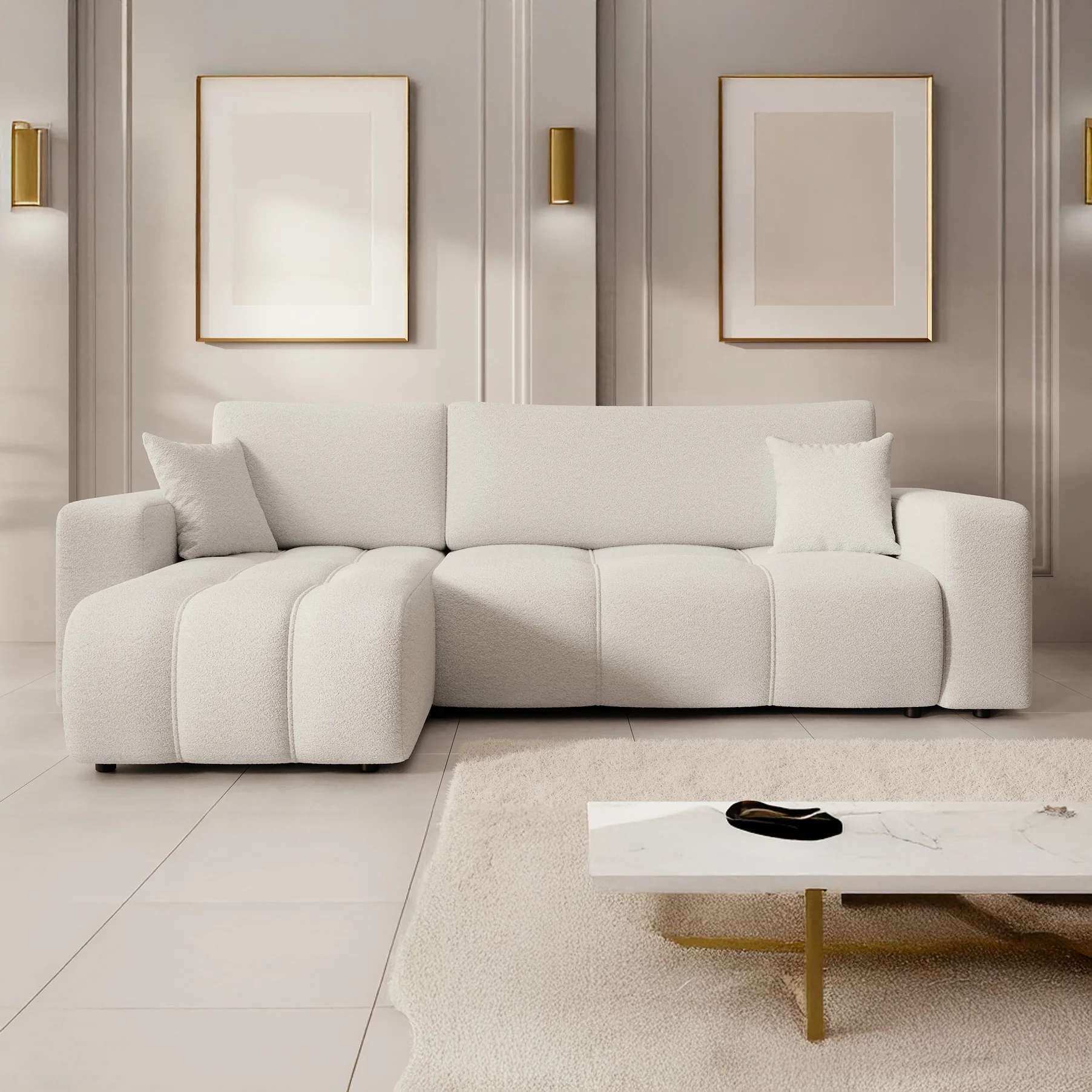Feather - Hoekbank 3-zits met chaise longue - Teddystof wit - Universeel - Image 3