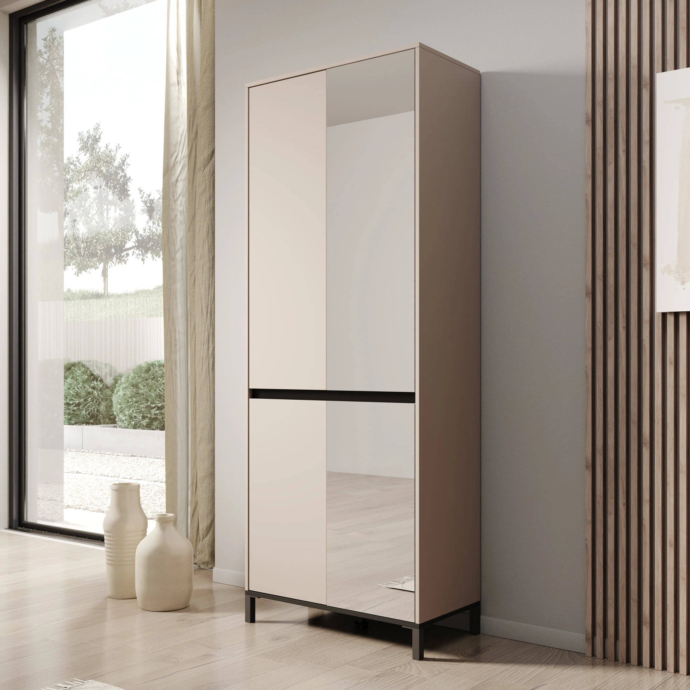 Finta - Schoenenkast met spiegel - Beige - 80x40x206 cm