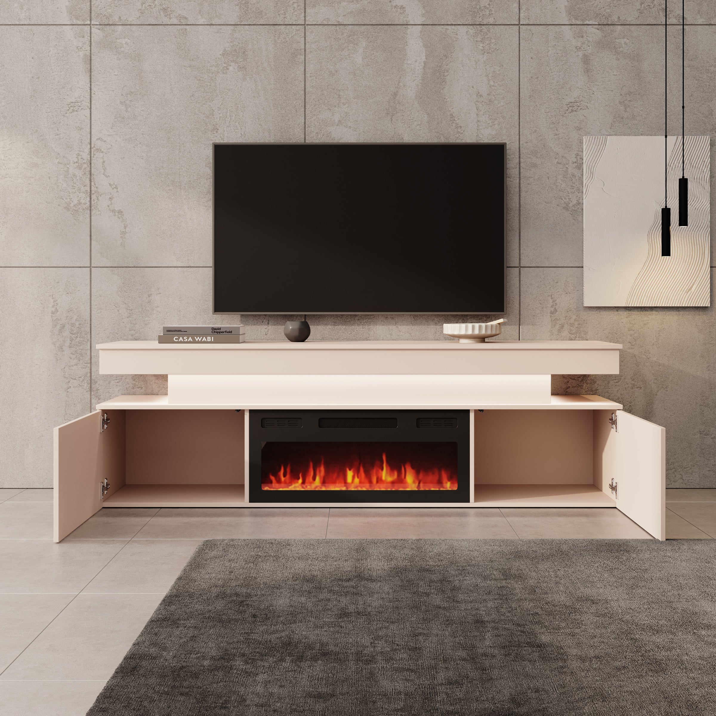 Galan - TV-Meubel met sfeerhaard - Beige - 190x39x54 cm - Image 2