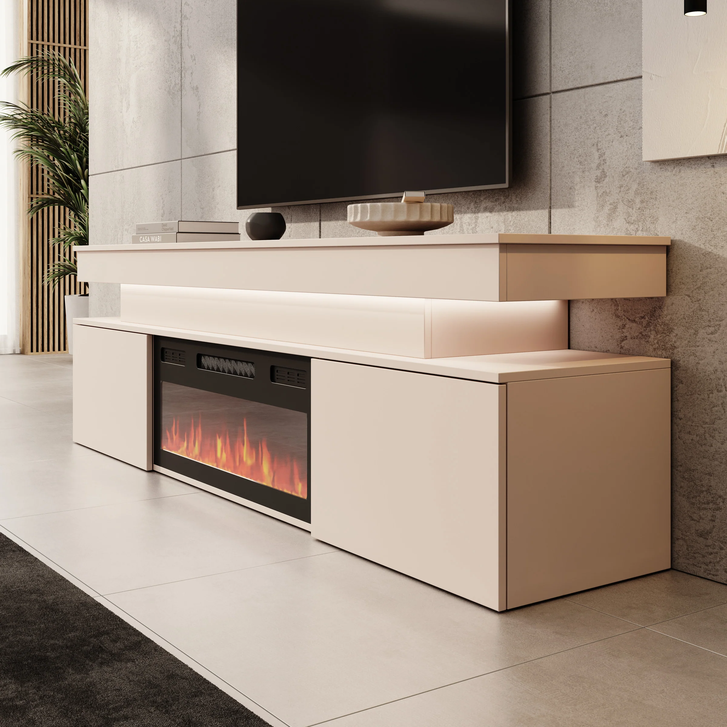 Galan - TV-Meubel met sfeerhaard - Beige - 190x39x54 cm - Image 4