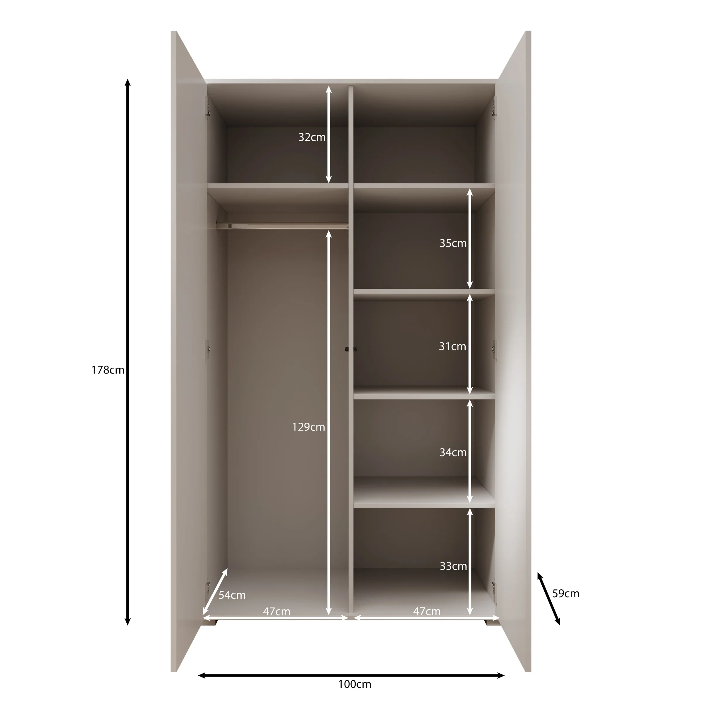 Gideon - Kledingkast 2-deurs - Wit - 100x59x178 cm - Image 5