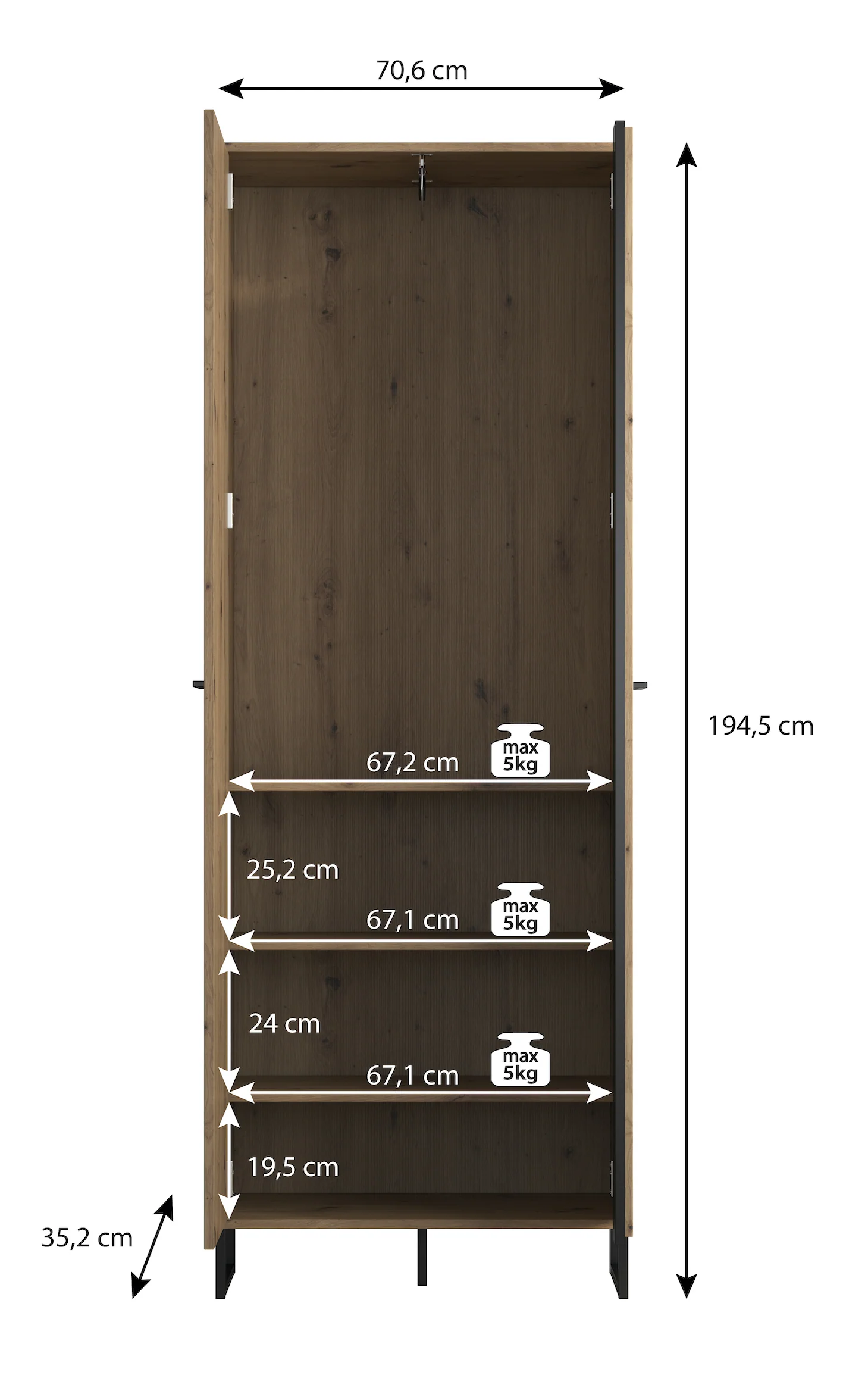 Saturn - Halkast 2-deurs - Eiken/zwart - 70x35x196 cm - Image 5