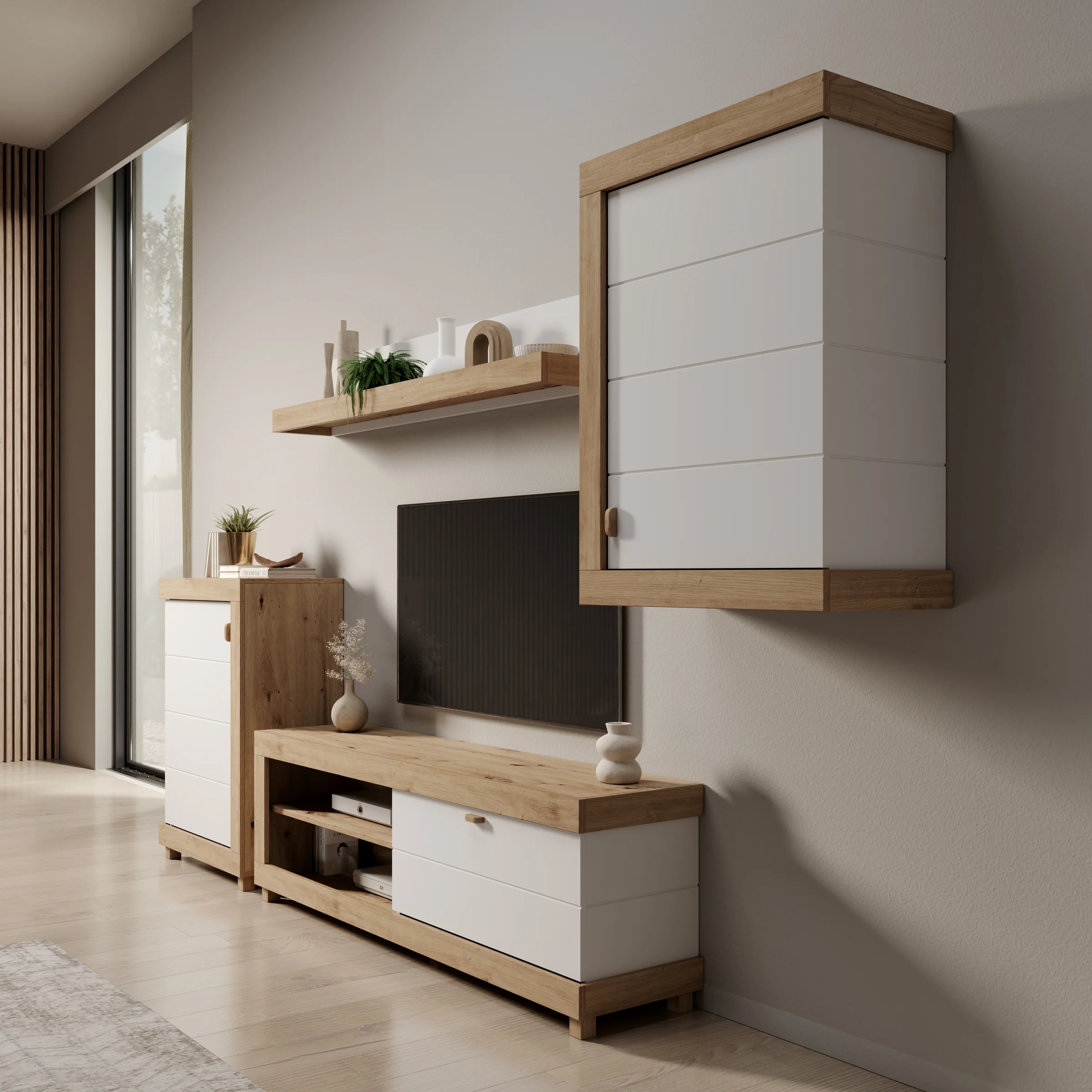 Havero - Wandmeubel - Eikenpatroon/Wit - 297x35x180 cm - Image 4