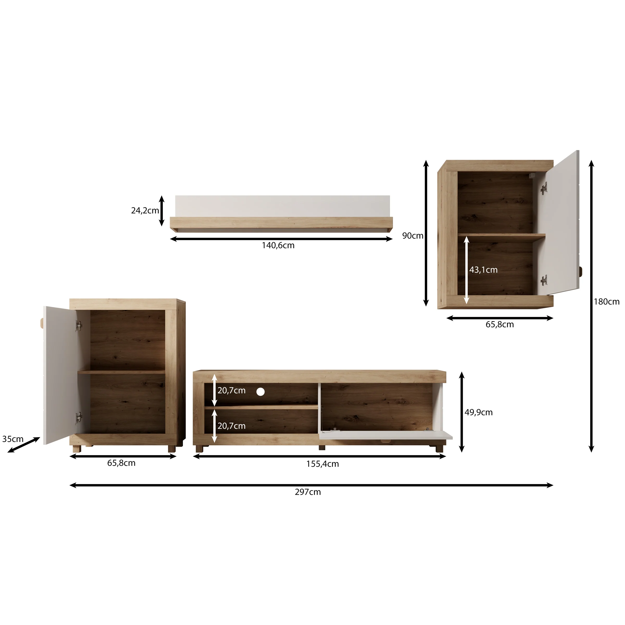 Havero - Wandmeubel - Eikenpatroon/Wit - 297x35x180 cm - Image 6