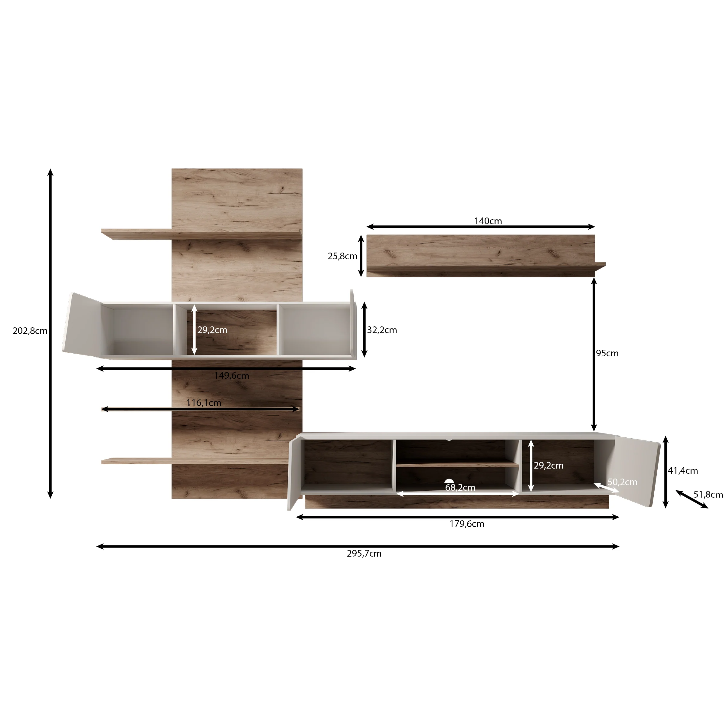 Huxley - Wandmeubel - Eikenpatroon/Wit - 296x52x203 cm - Image 7