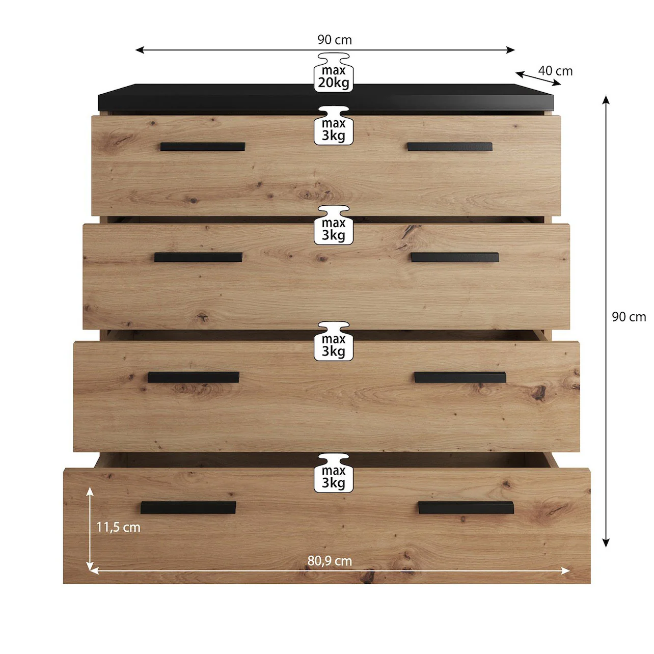 Incala - Ladekast - Eiken/zwart - 90x40x90 cm - Image 4