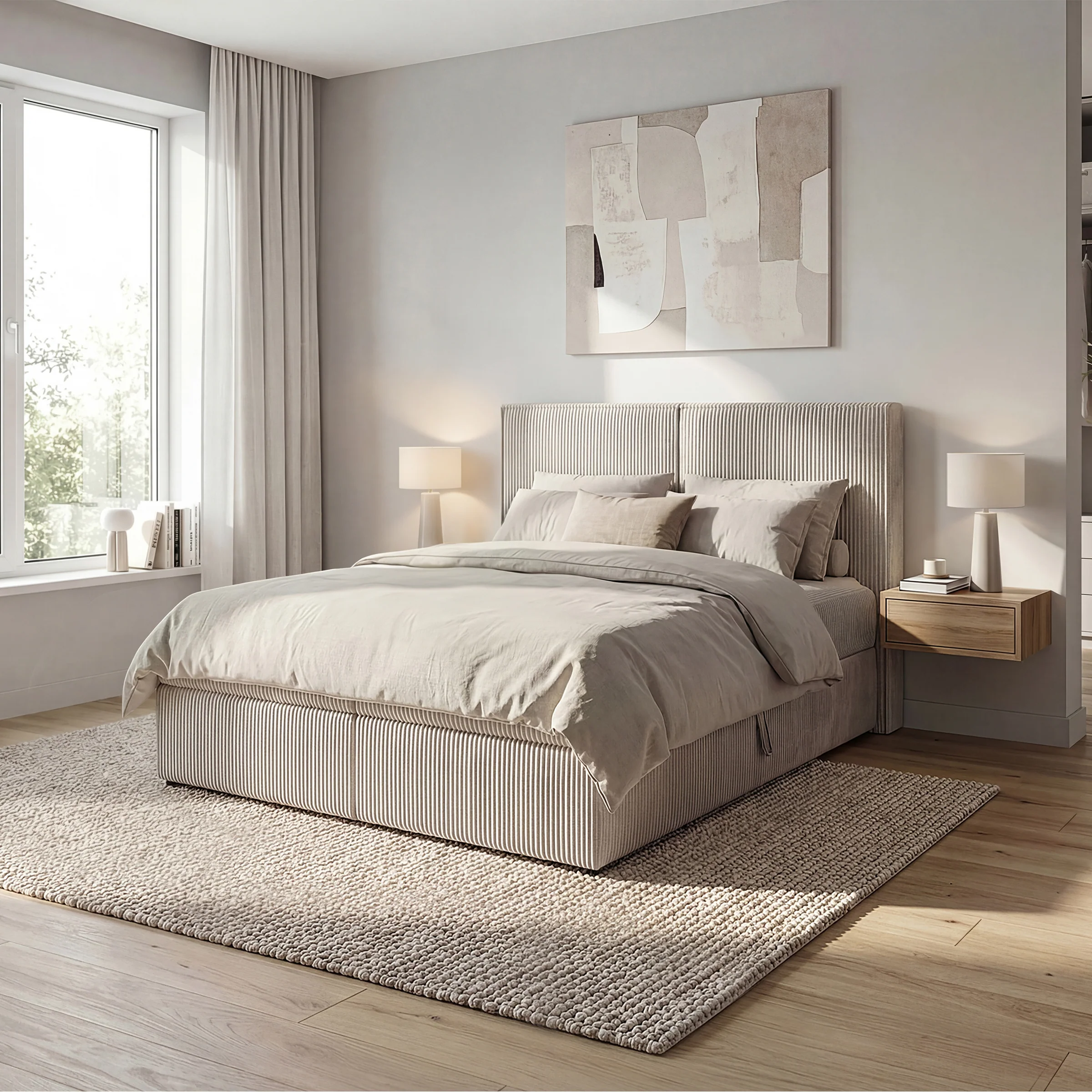 Iro - Boxspring met opbergruimte - Ribstof beige - 140x200 cm