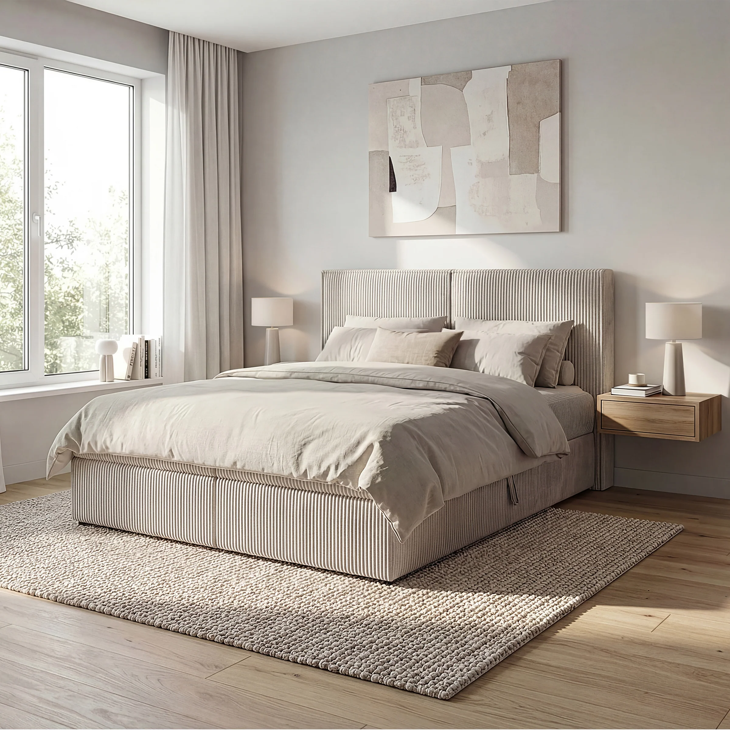 Iro - Boxspring met opbergruimte - Ribstof beige - 160x200 cm