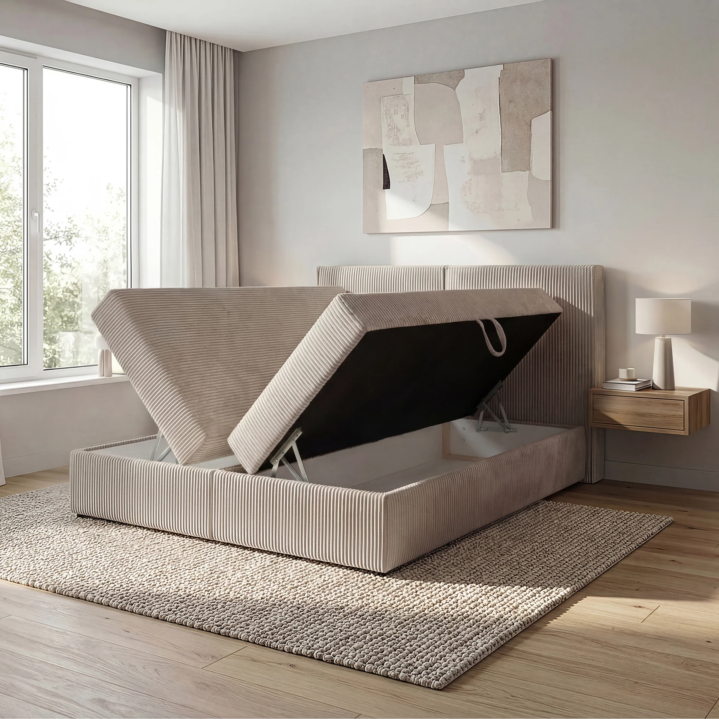Iro - Boxspring met opbergruimte - Ribstof beige - 160x200 cm - Image 2