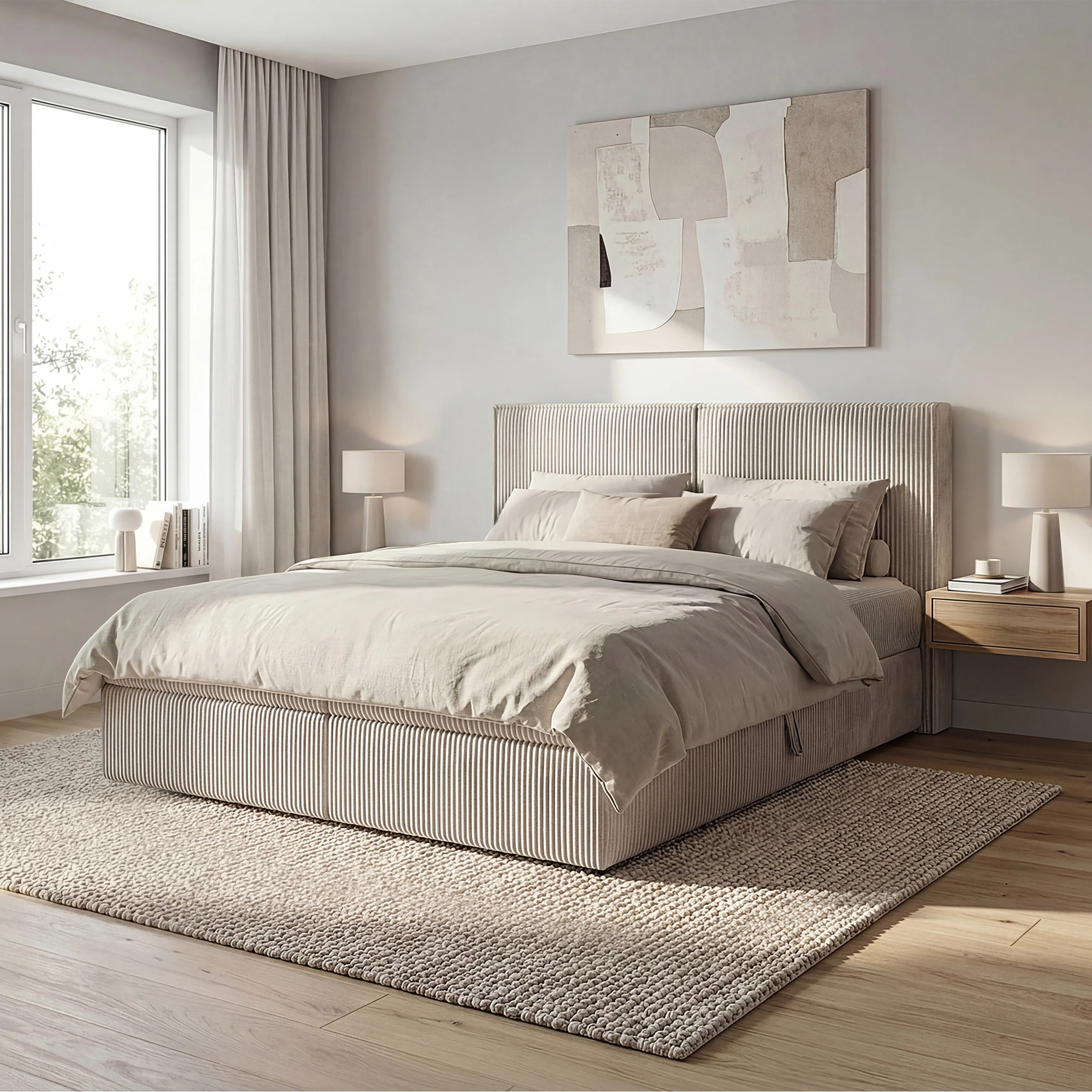 Iro - Boxspring met opbergruimte - Ribstof beige - 180x200 cm