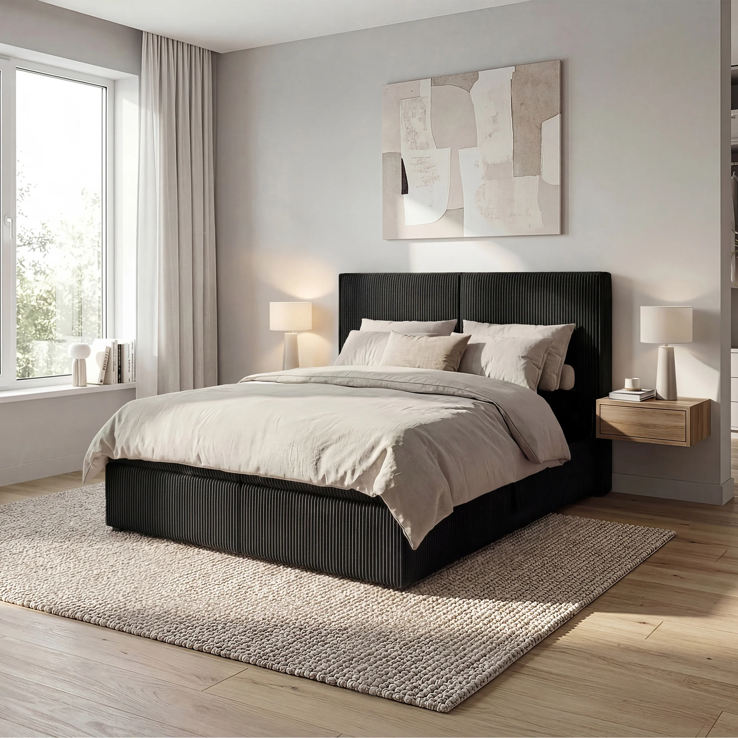 Iro - Boxspring met opbergruimte - Ribstof zwart - 140x200 cm