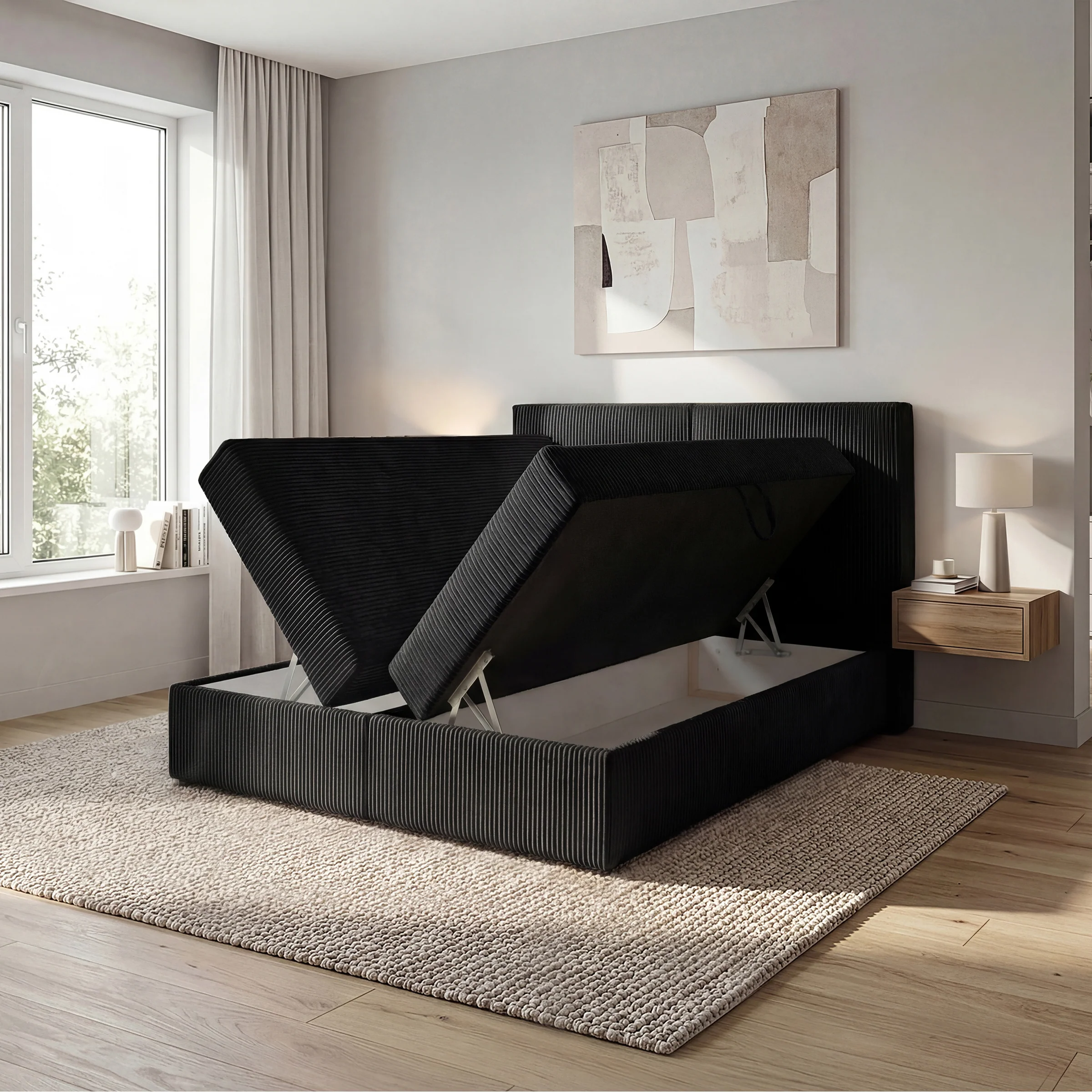 Iro - Boxspring met opbergruimte - Ribstof zwart - 140x200 cm - Image 2