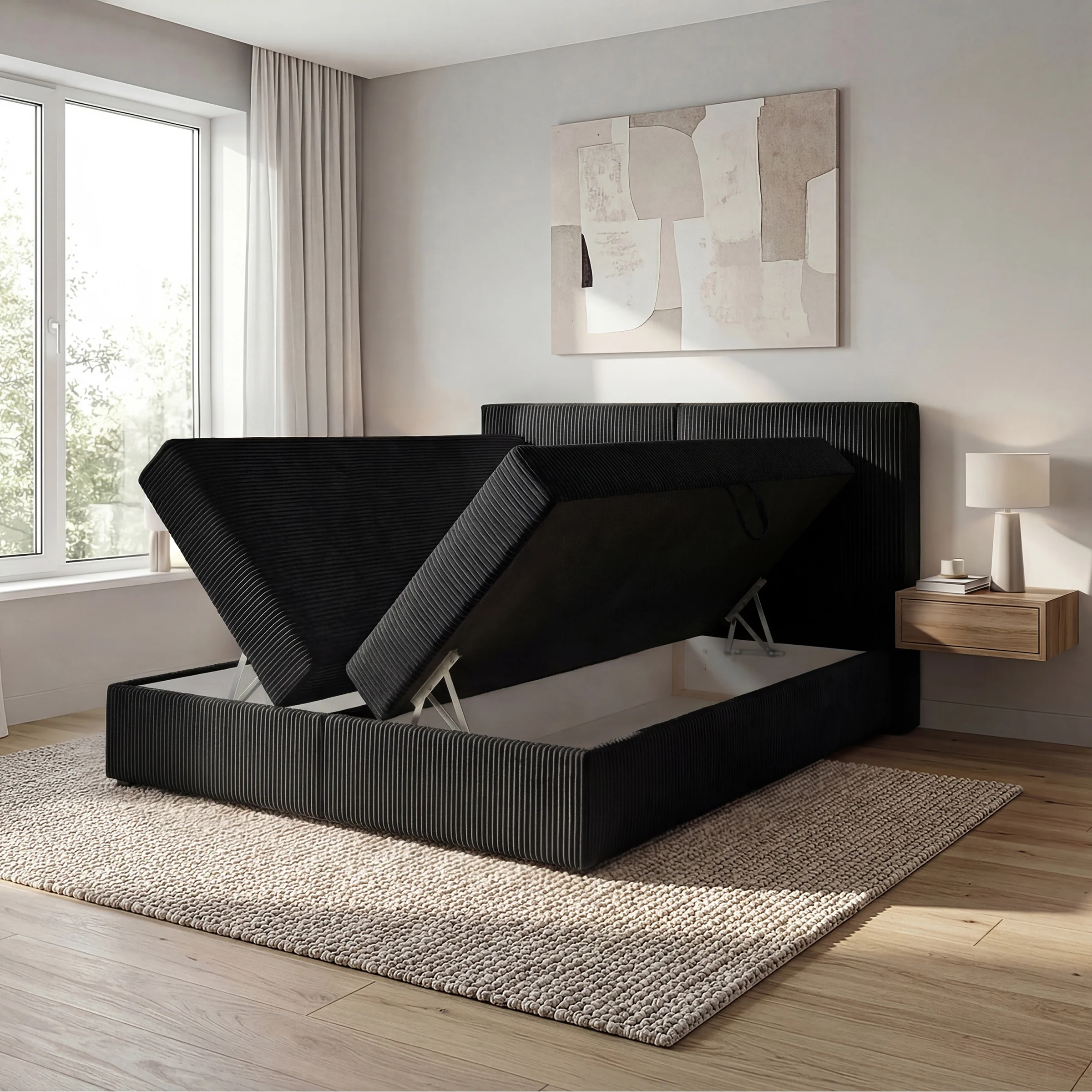 Iro - Boxspring met opbergruimte - Ribstof zwart - 160x200 cm - Image 2