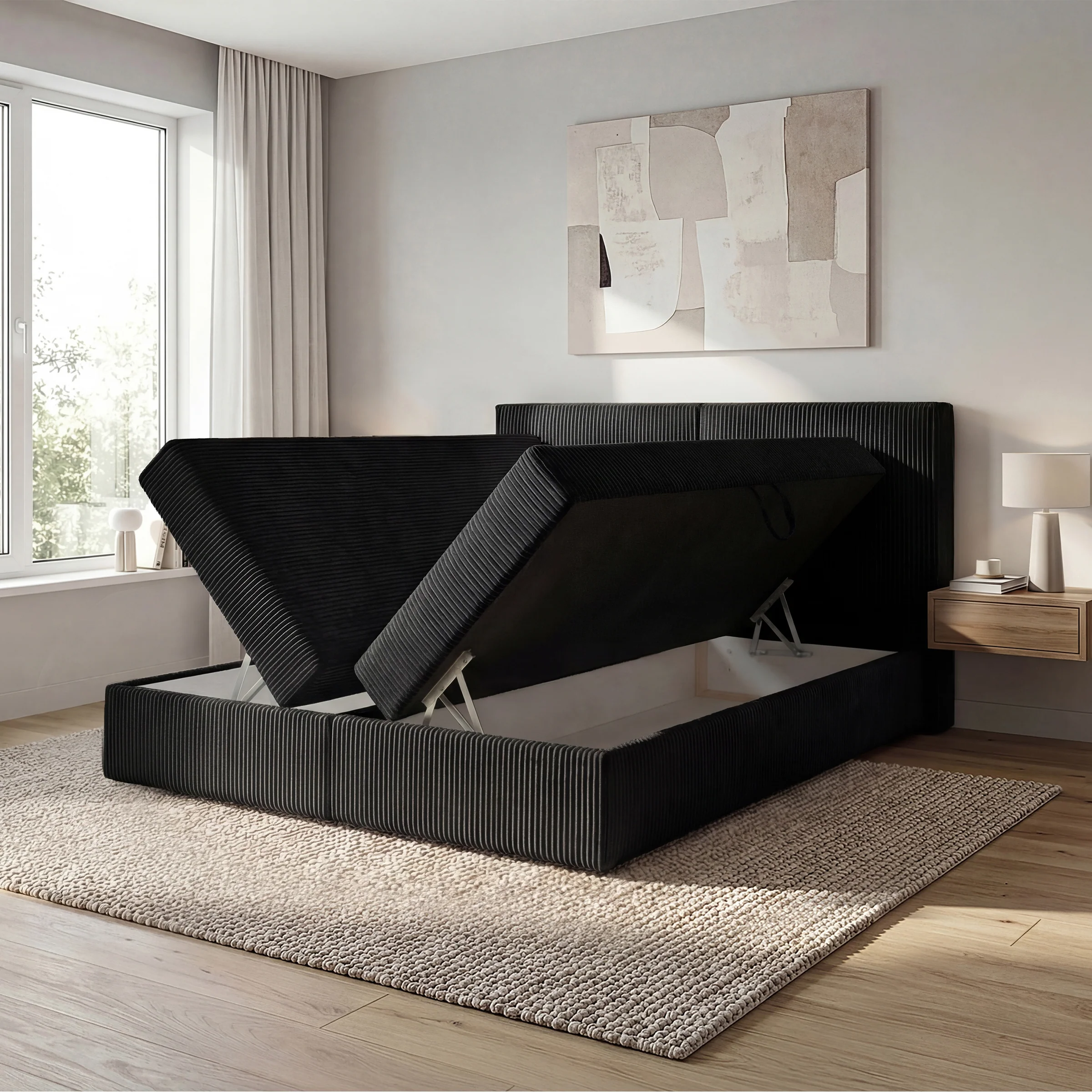 Iro - Boxspring met opbergruimte - Ribstof zwart - 180x200 cm - Image 2