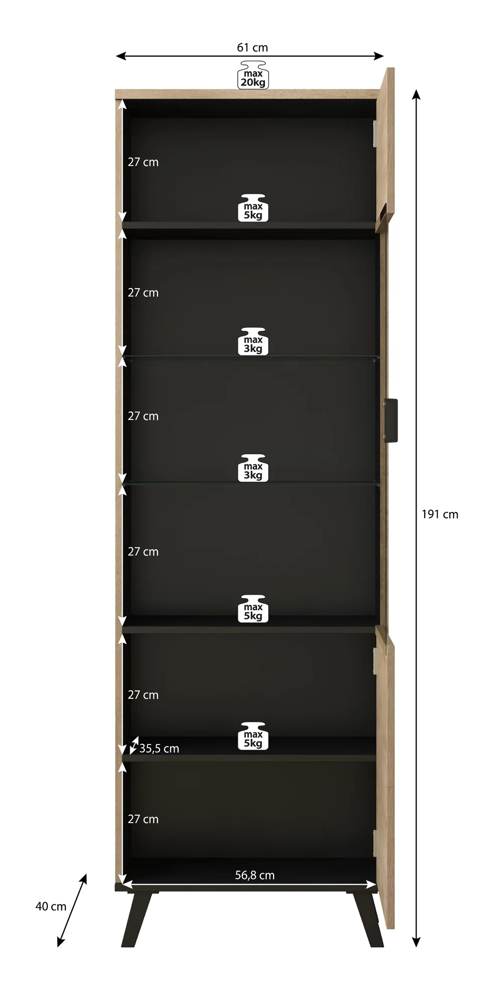 Jenny - Vitrinekast - Eiken/zwart - 61x40x191 cm - Image 5