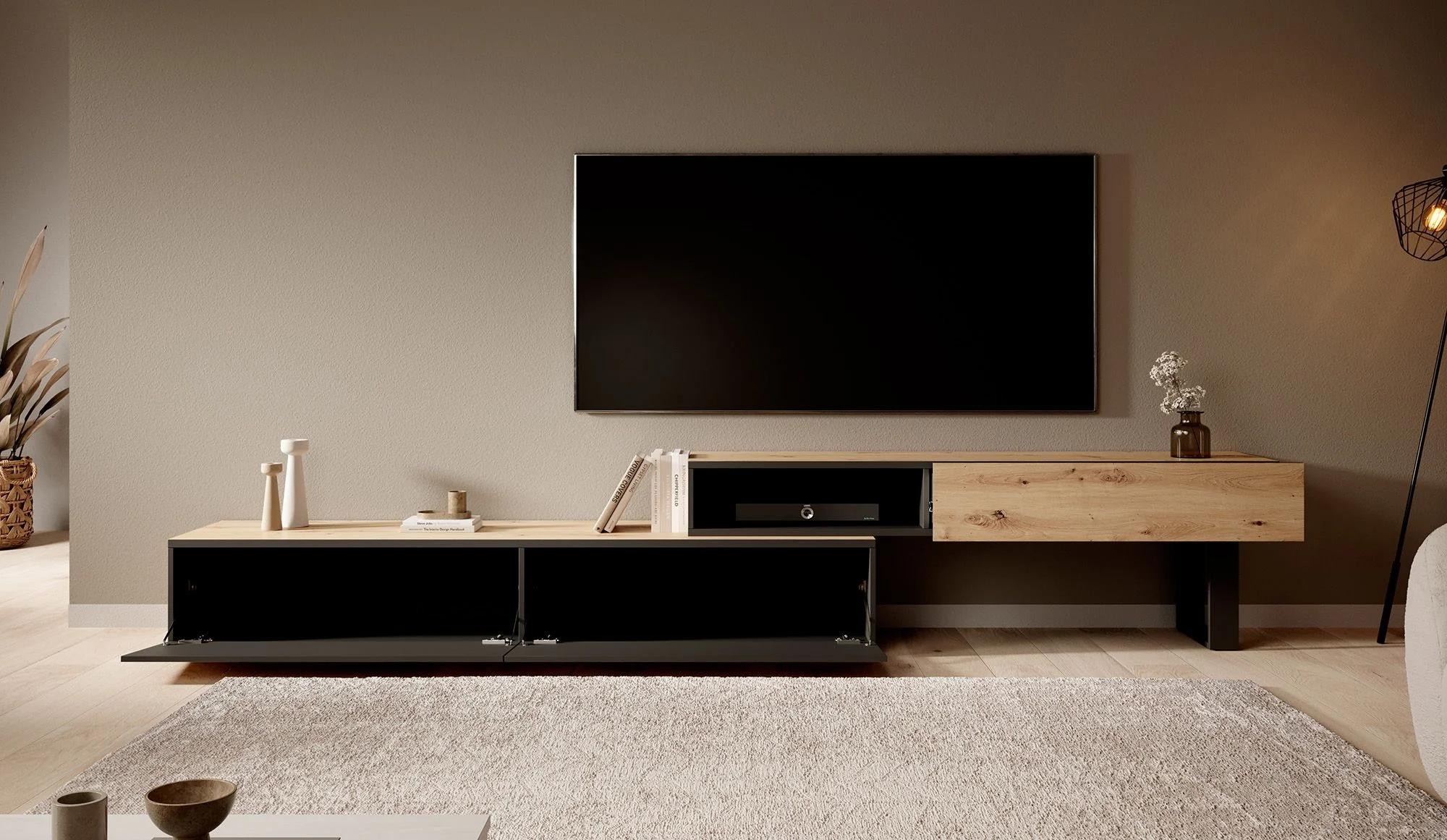 Kandelo - TV-Meubel met 2 deuren - Eiken/zwart - 300 cm - Image 3