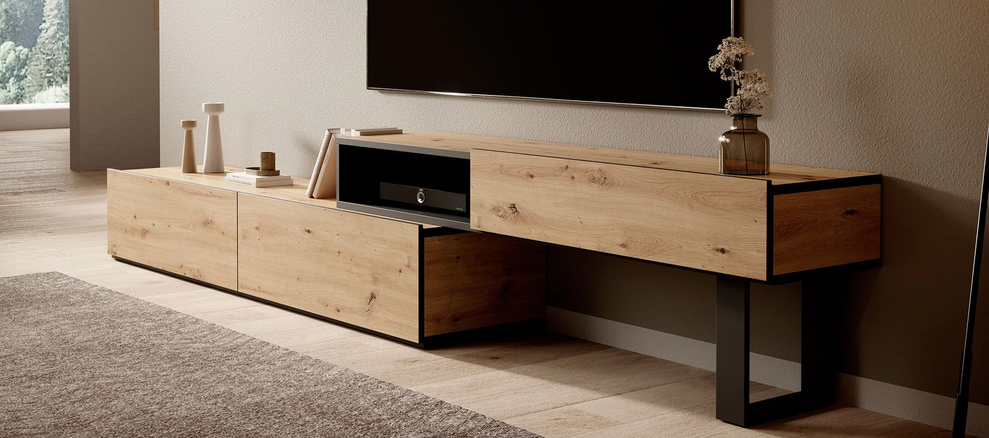 Kandelo - TV-Meubel met 2 deuren - Eiken/zwart - 300 cm - Image 4