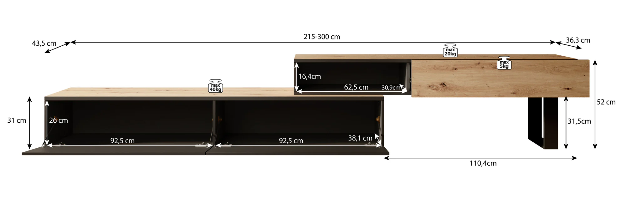 Kandelo - TV-Meubel met 2 deuren - Eiken/zwart - 300 cm - Image 6