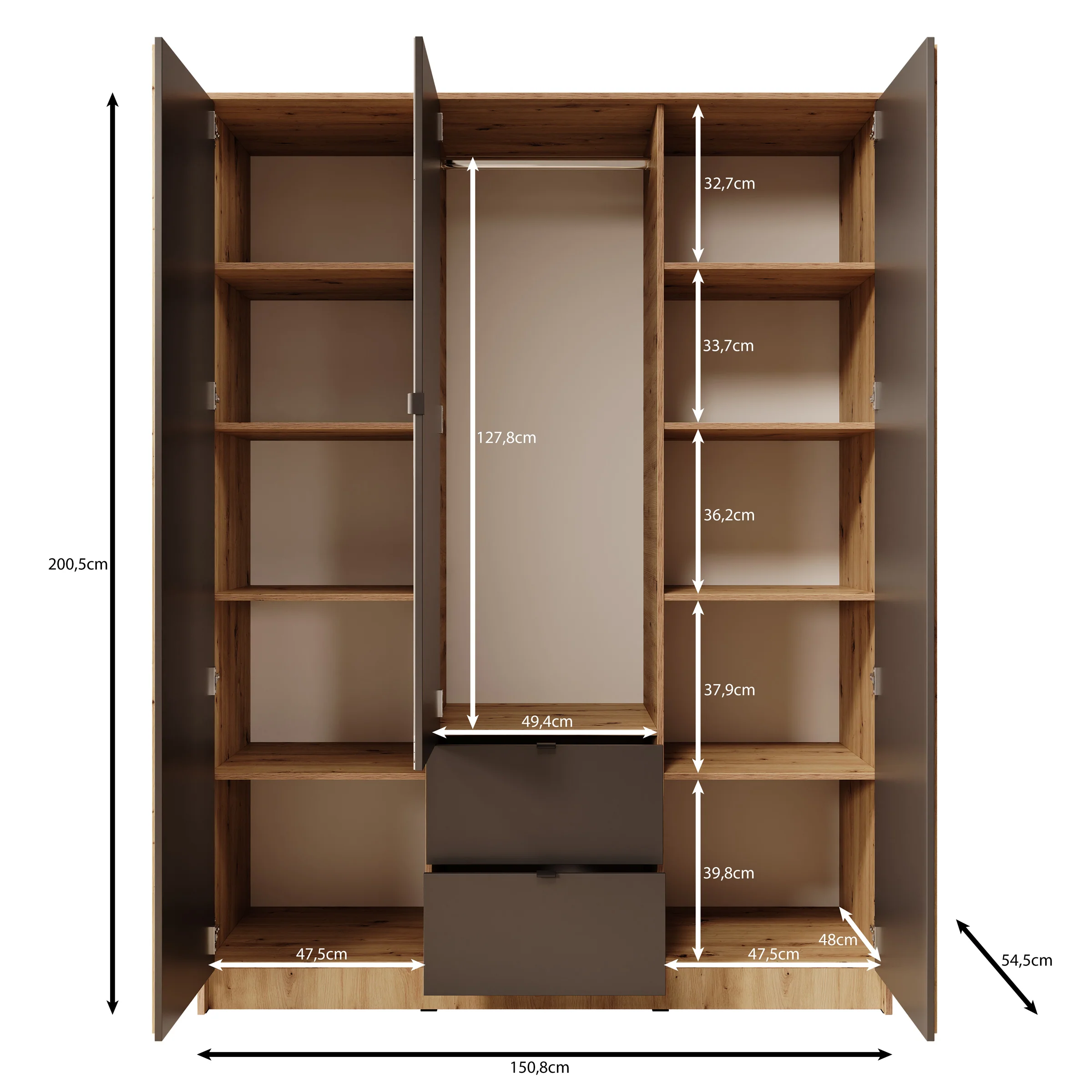 Kavalli - Kledingkast 3-deurs - Zwart - 151x55x201 cm - Image 5