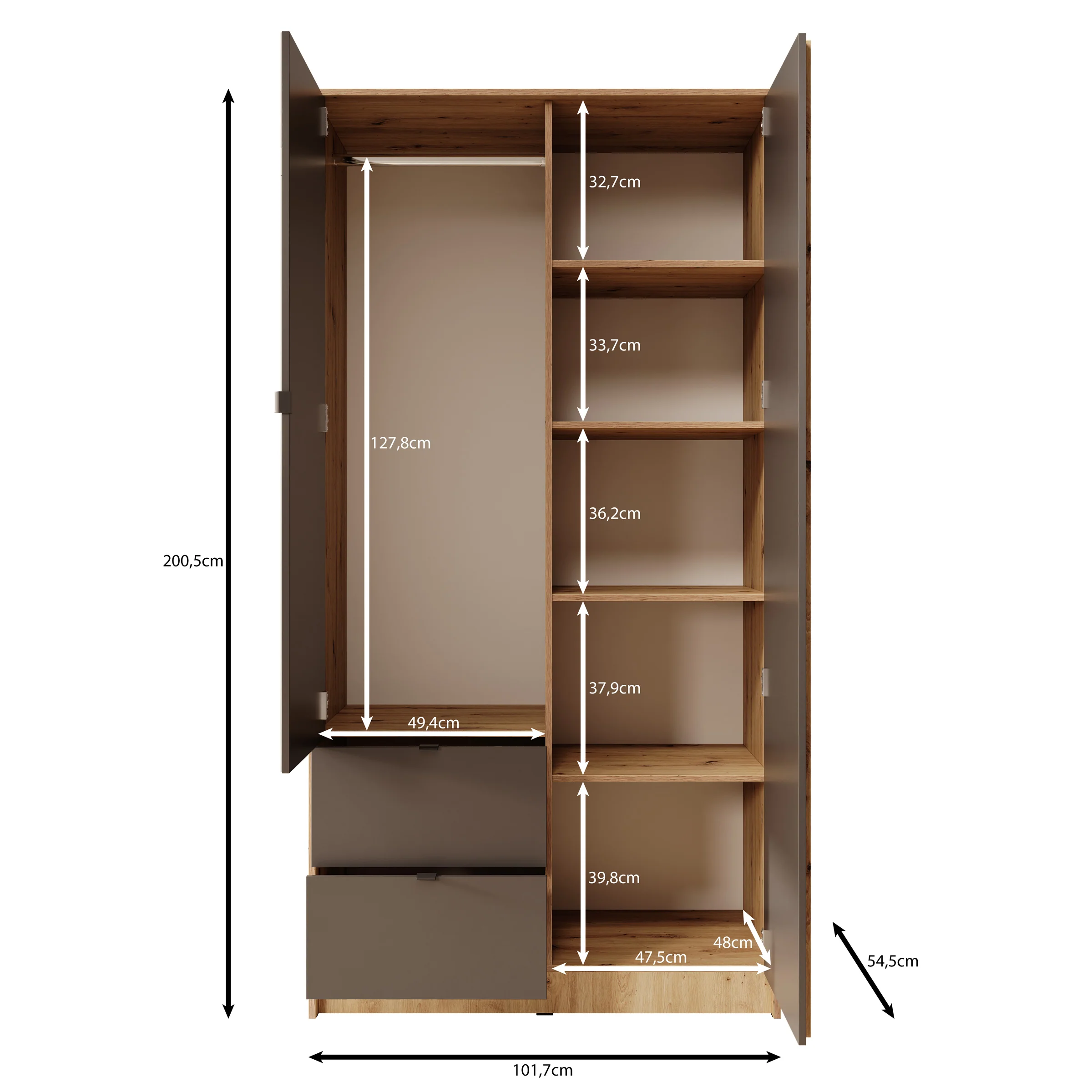 Kavalli - Kledingkast met 2 deuren - Zwart - 102x55x201 cm - Image 5