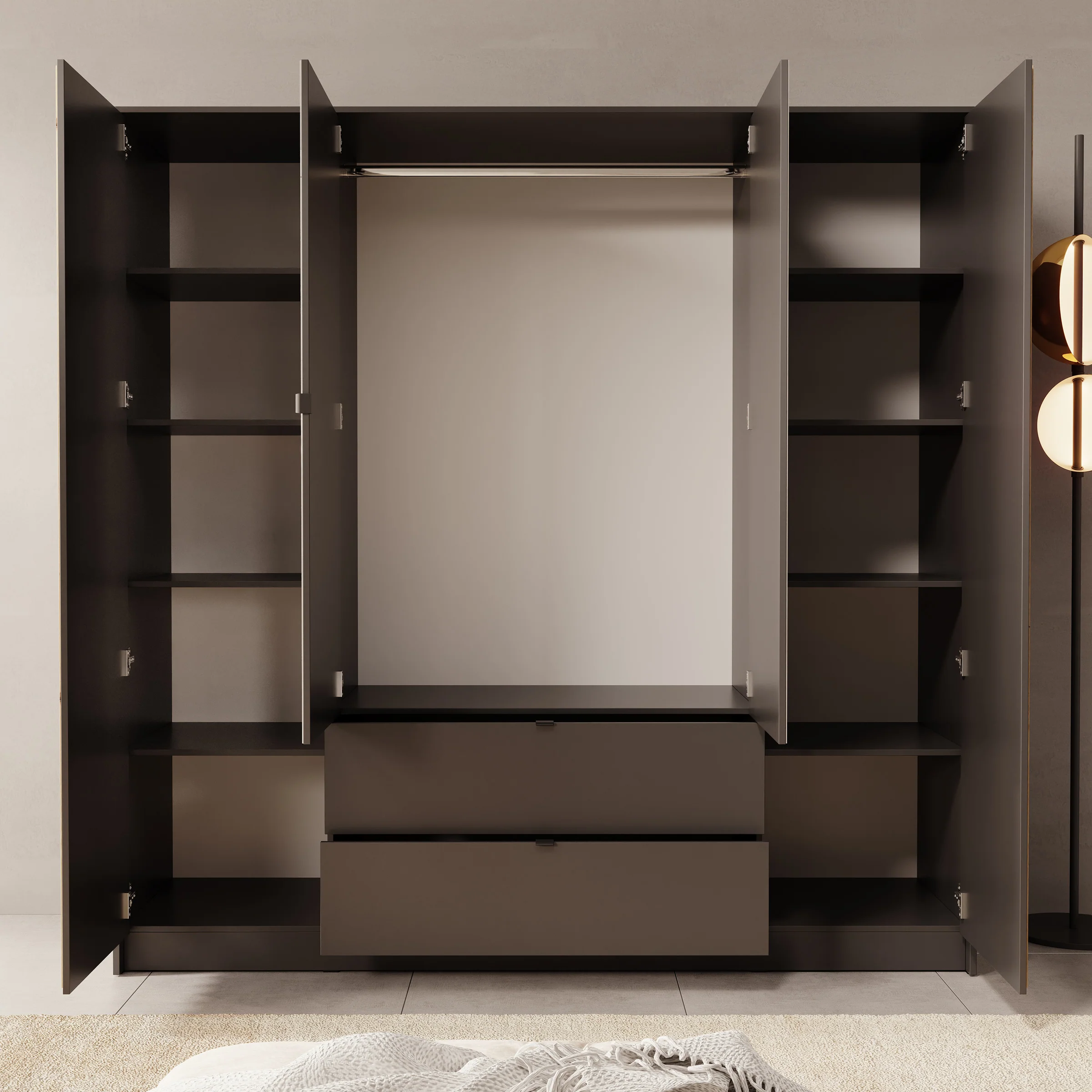 Kavalli - Kledingkast met 4 deuren - Zwart - 200x55x201 cm - Image 2