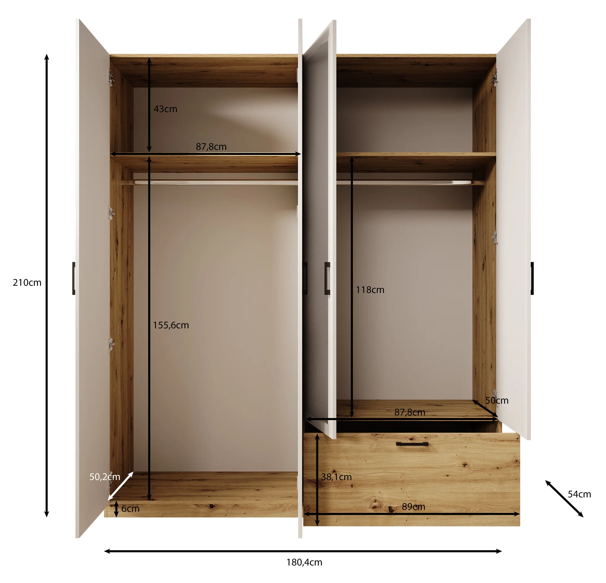 Audrey - Kledingkast 4-deurs en spiegel - Wit - 180x54x210 cm - Image 5