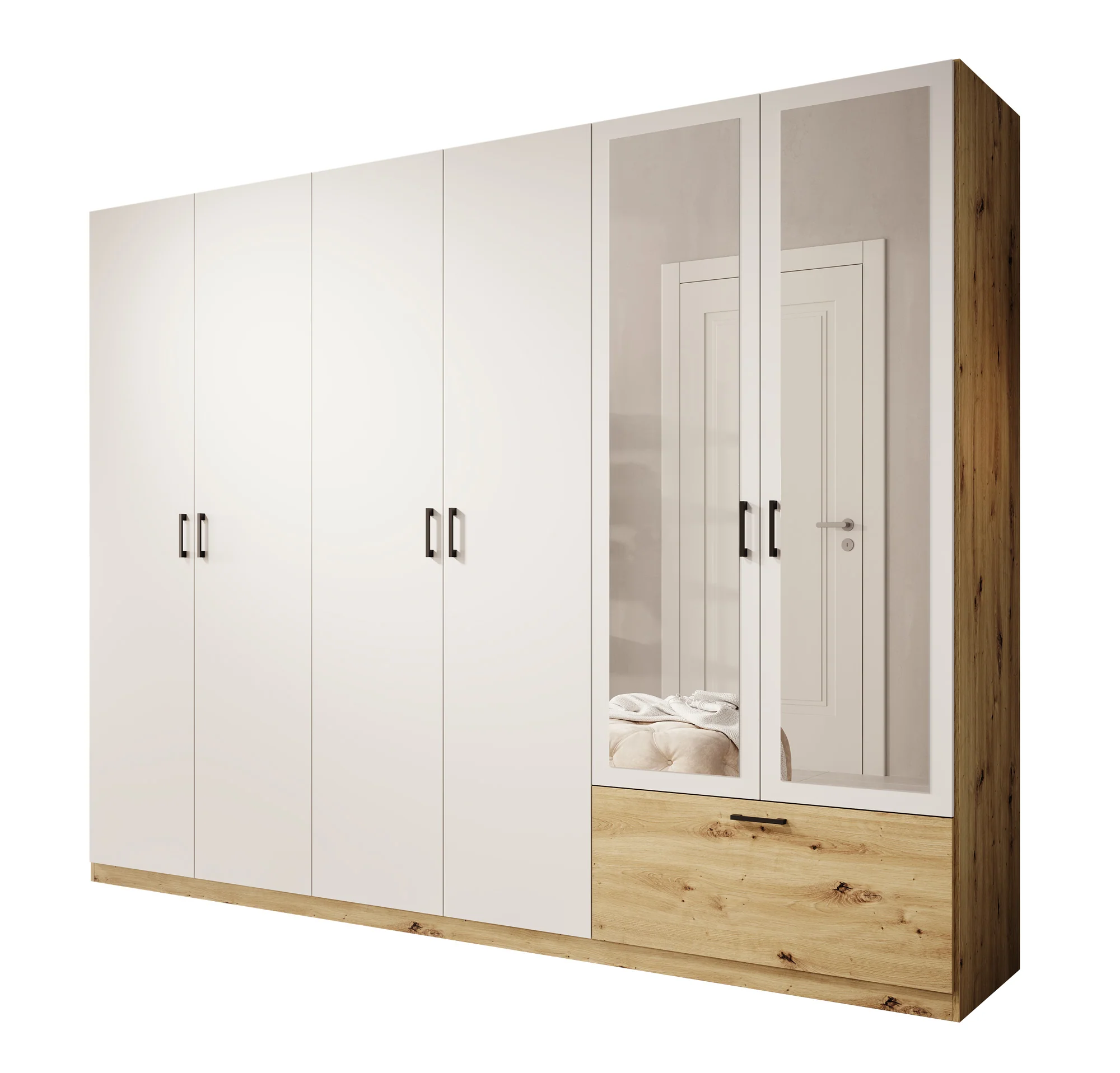 Audrey - Kledingkast 6-deurs en spiegel - Wit - 270x54x210 cm - Image 7