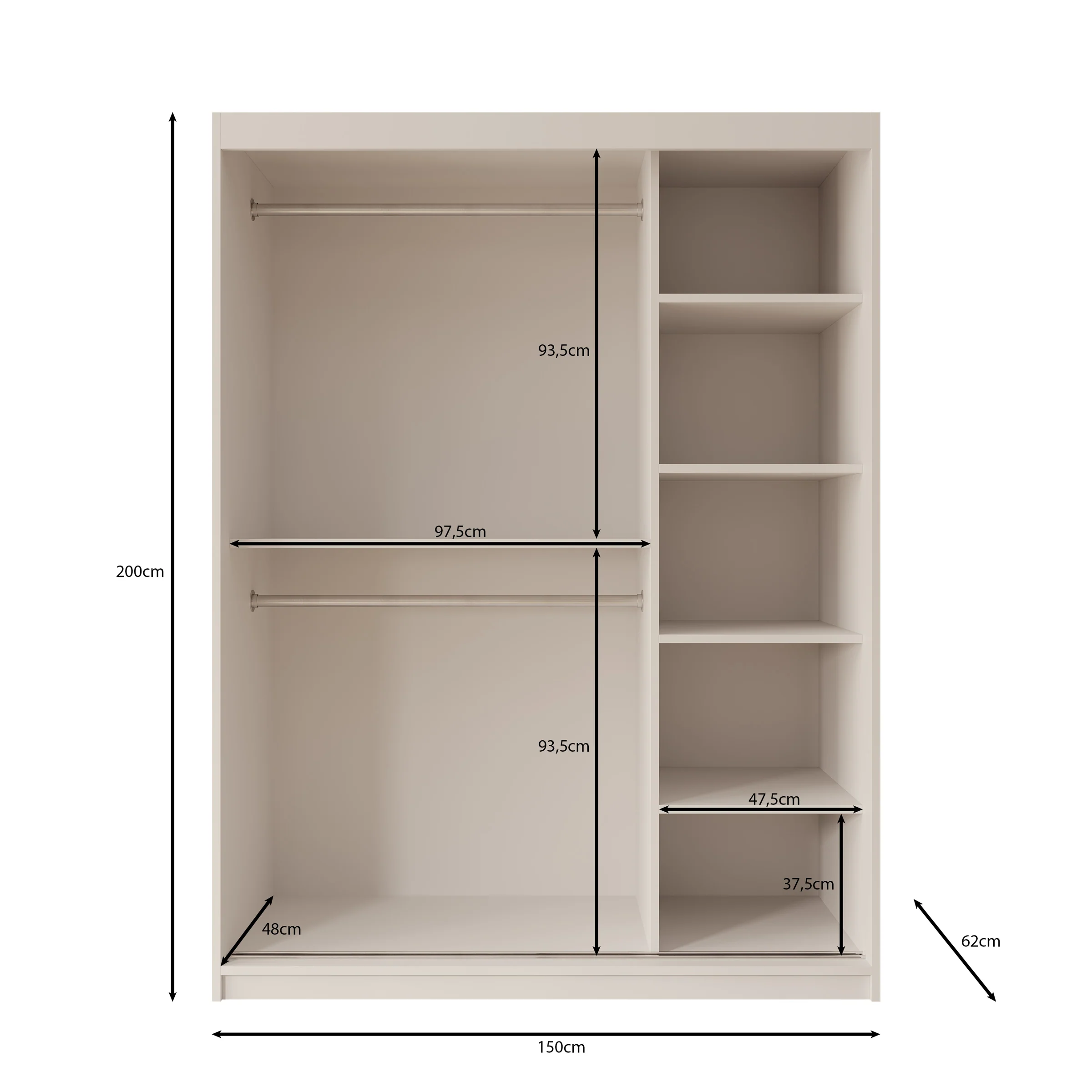 Azai - Kledingkast met schuifdeuren - Beige - 150x62x200 cm - Image 5