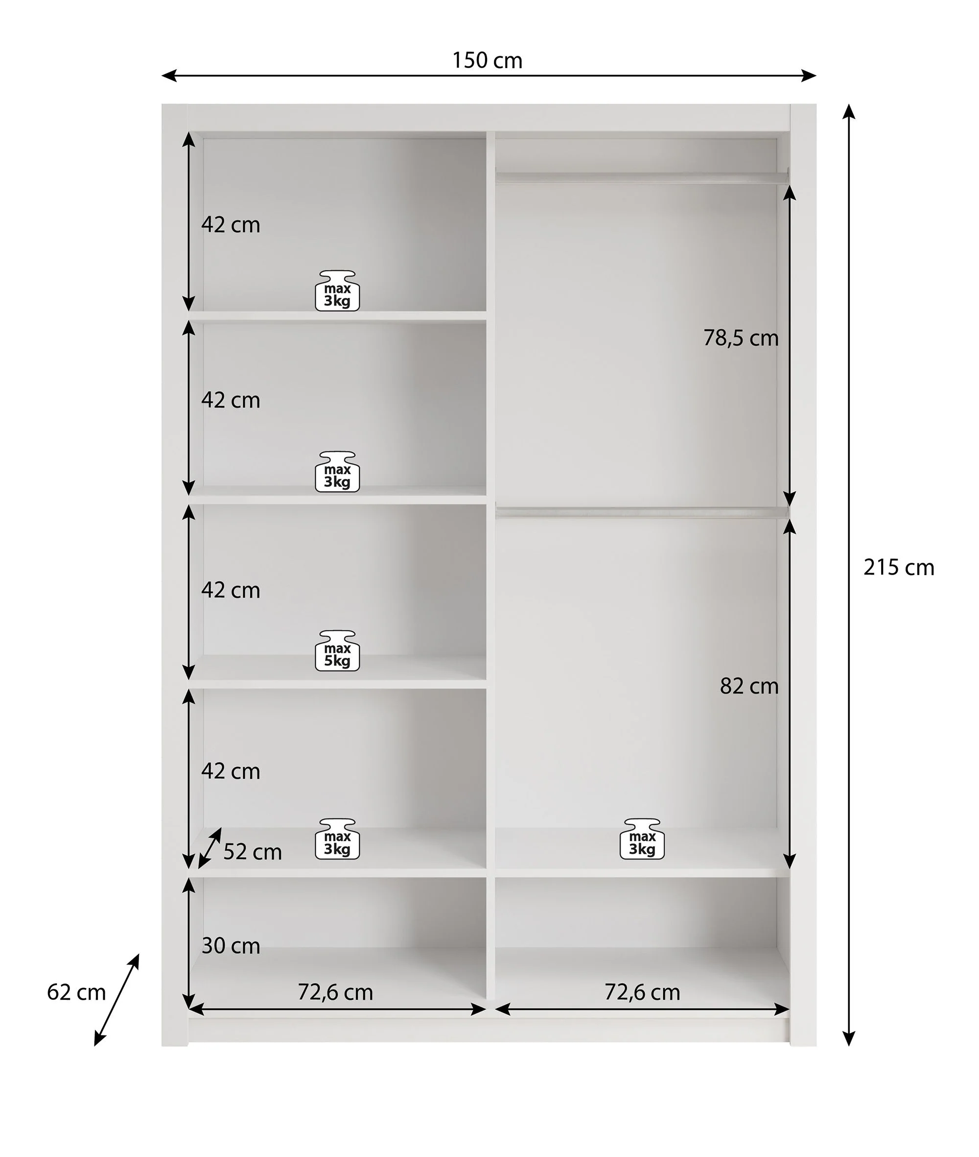 Blake - Kledingkast met schuifdeuren - Zwart - 150x62x215 cm - Image 5